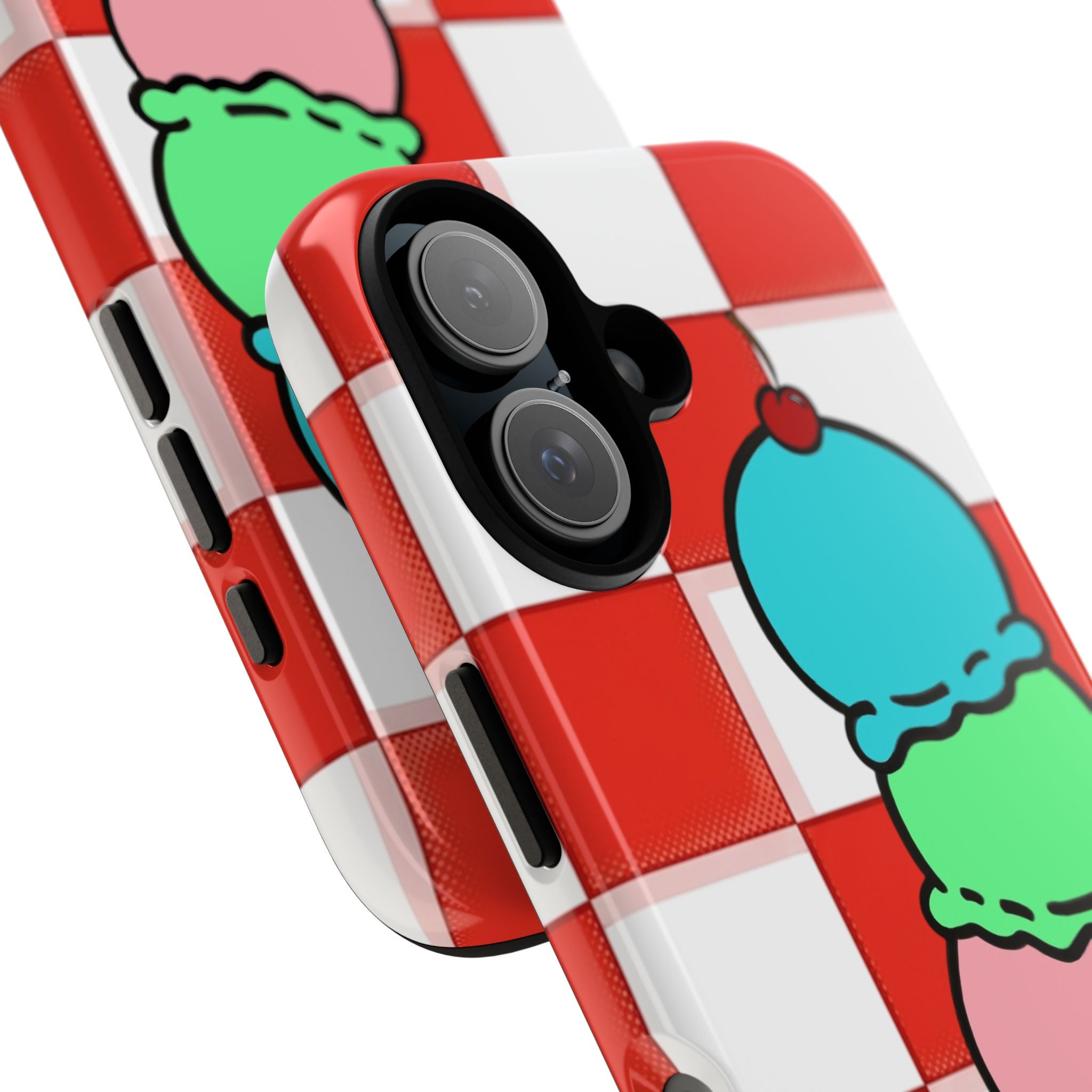Ice Cream Cone iPhone Case — Red Picnic Tablecloth Pattern with Triple Scoop & Cherry