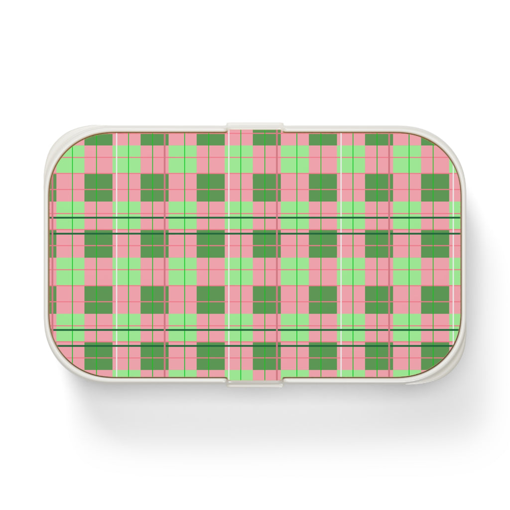 Plaid Pink & Green Bento Lunch Box — Retro Picnic Patterned Lunchbox