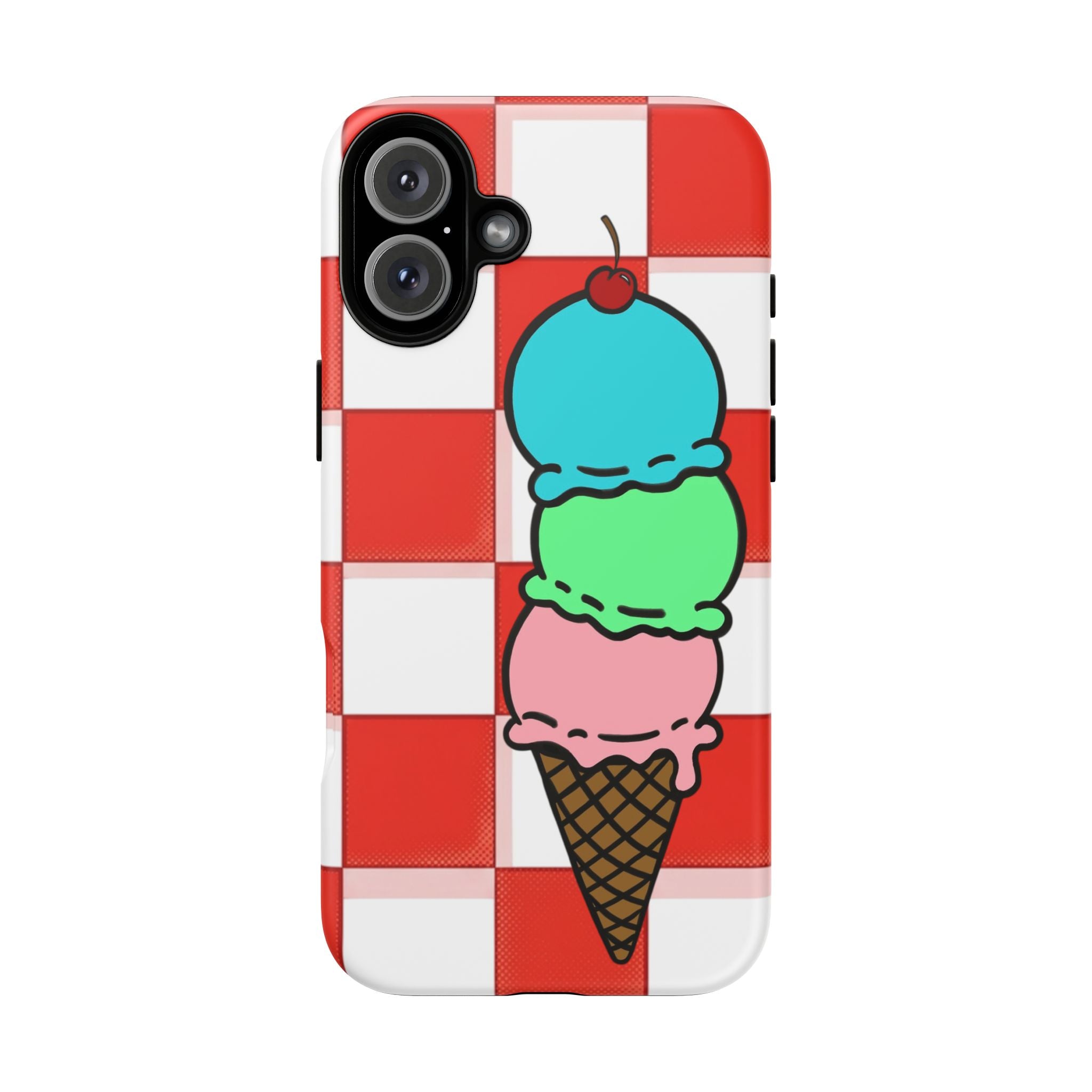 Ice Cream Cone iPhone Case — Red Picnic Tablecloth Pattern with Triple Scoop & Cherry