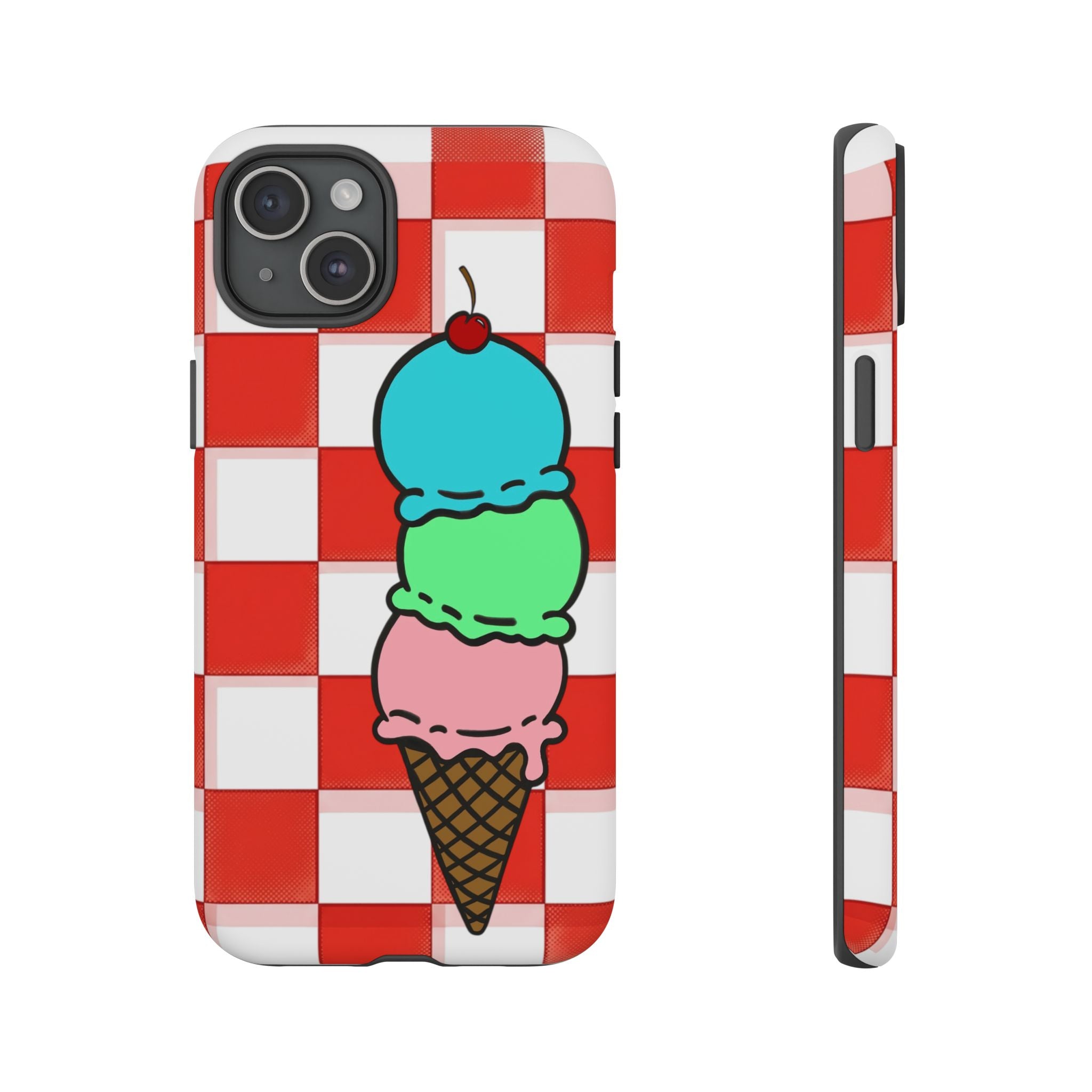 Ice Cream Cone iPhone Case — Red Picnic Tablecloth Pattern with Triple Scoop & Cherry