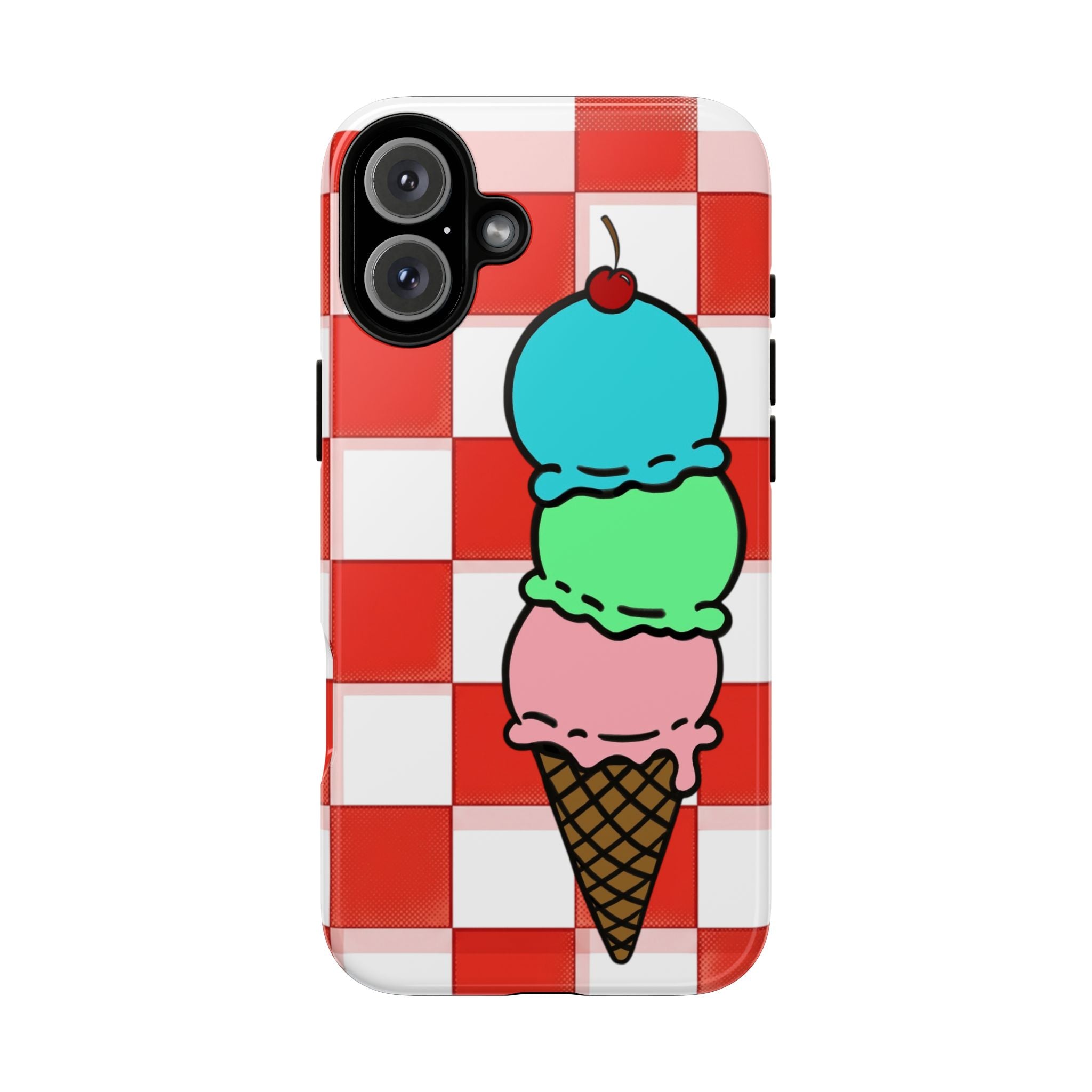 Ice Cream Cone iPhone Case — Red Picnic Tablecloth Pattern with Triple Scoop & Cherry