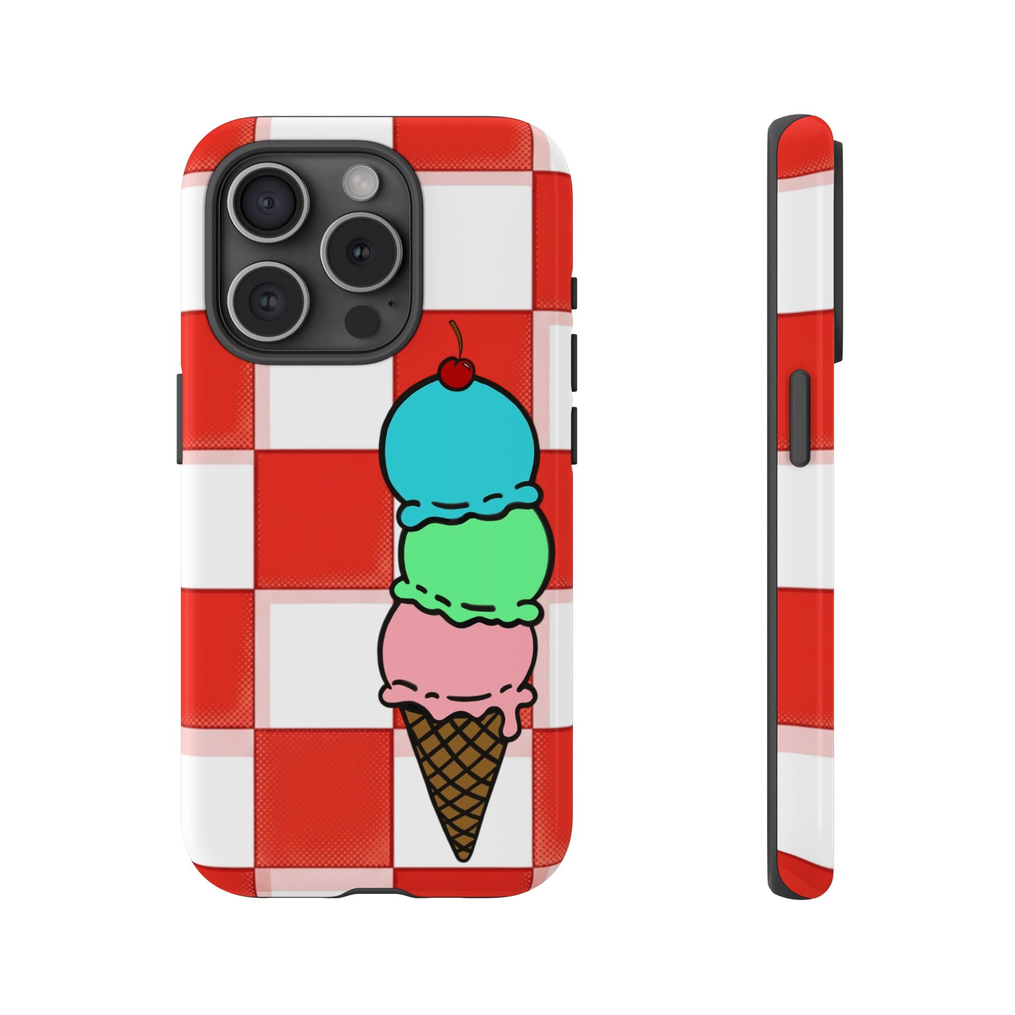 Ice Cream Cone iPhone Case — Red Picnic Tablecloth Pattern with Triple Scoop & Cherry