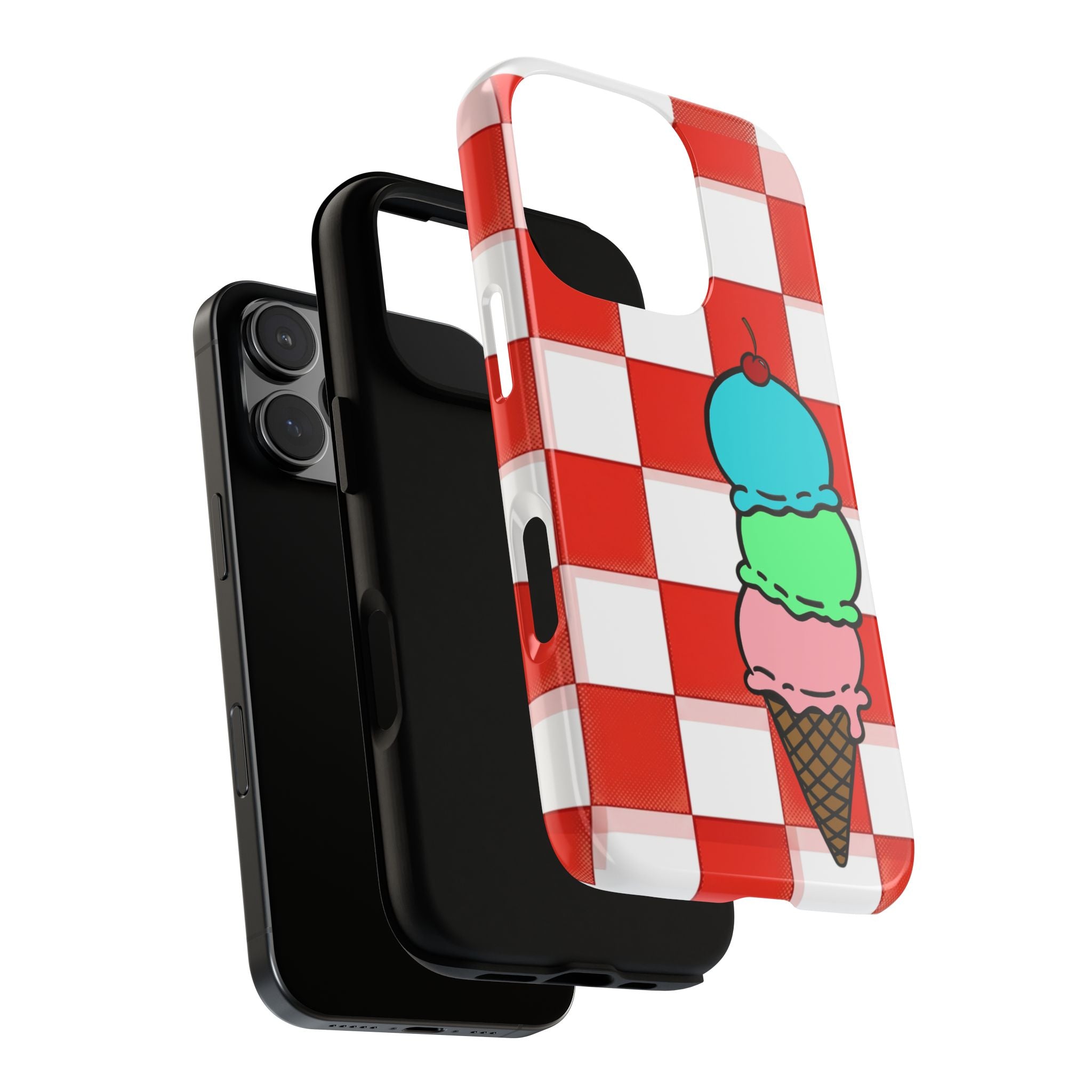 Ice Cream Cone iPhone Case — Red Picnic Tablecloth Pattern with Triple Scoop & Cherry