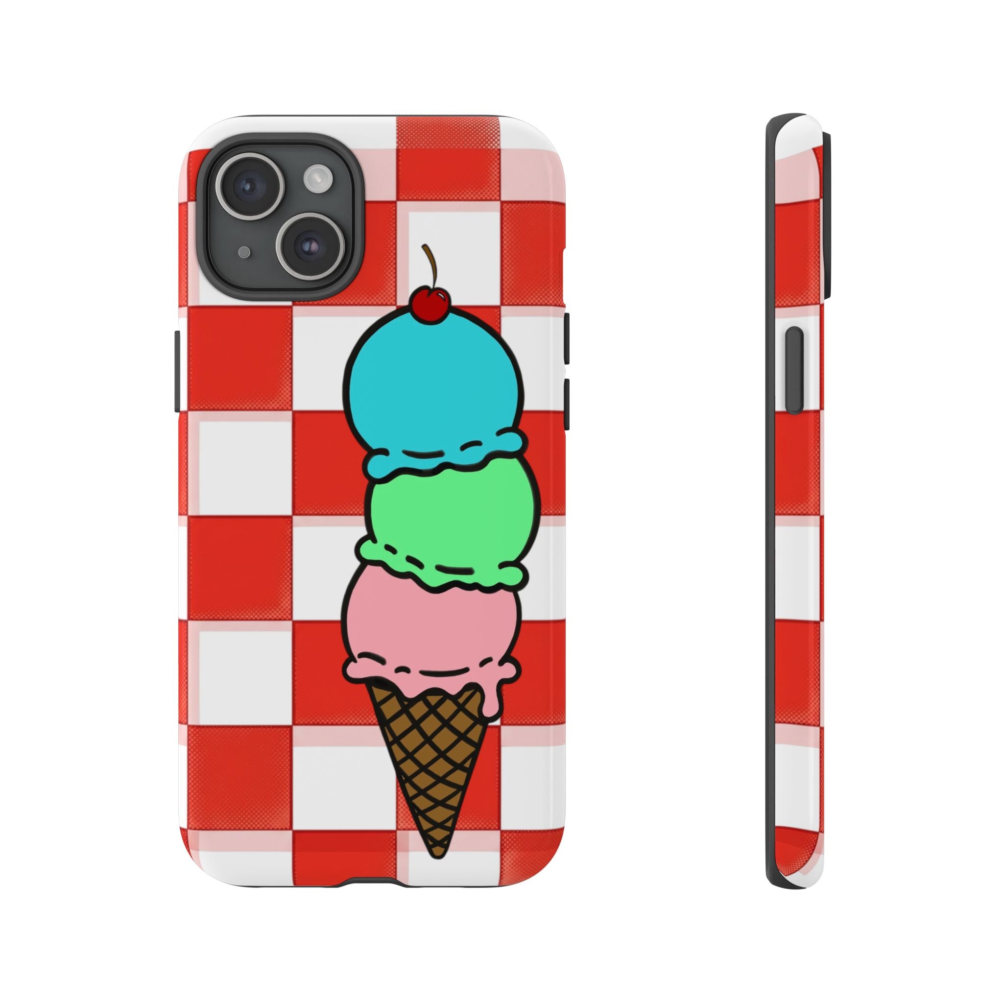 Ice Cream Cone iPhone Case — Red Picnic Tablecloth Pattern with Triple Scoop & Cherry