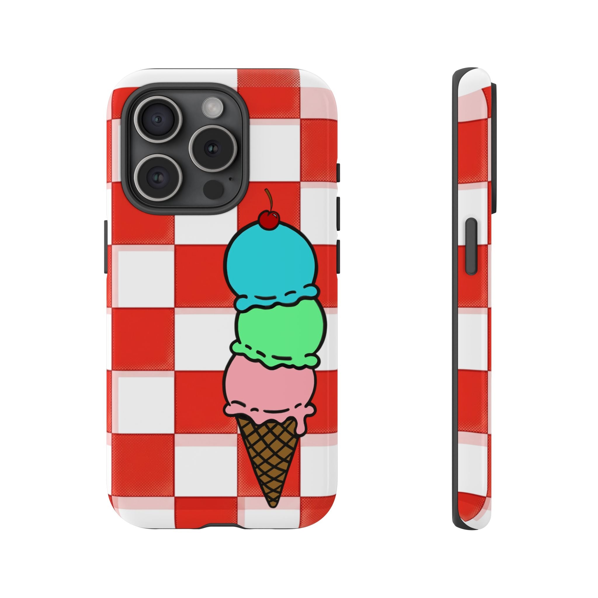 Ice Cream Cone iPhone Case — Red Picnic Tablecloth Pattern with Triple Scoop & Cherry