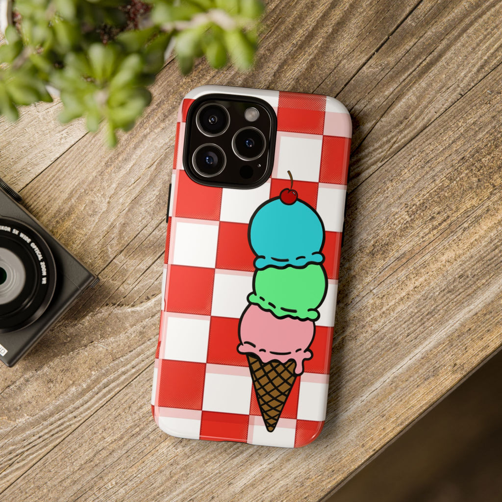 Ice Cream Cone iPhone Case — Red Picnic Tablecloth Pattern with Triple Scoop & Cherry