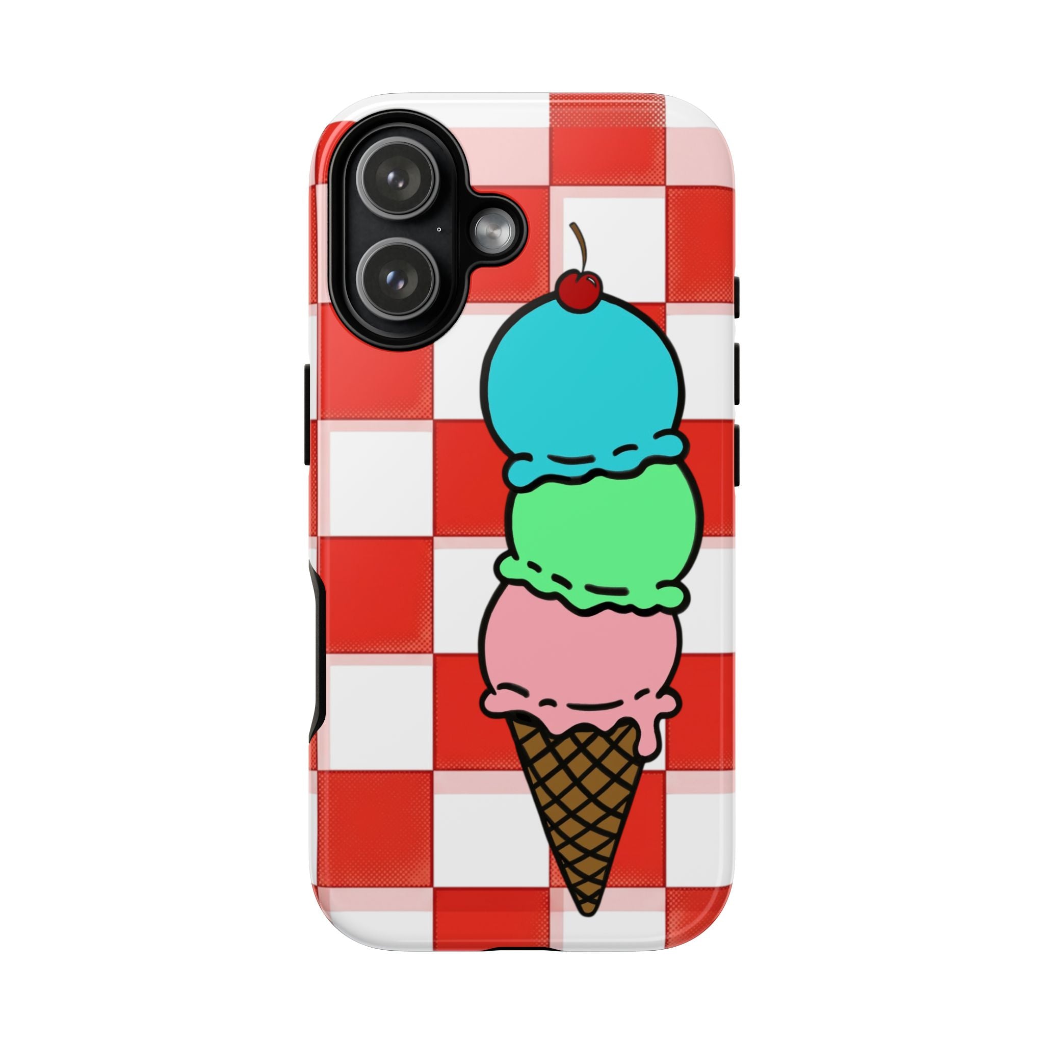 Ice Cream Cone iPhone Case — Red Picnic Tablecloth Pattern with Triple Scoop & Cherry