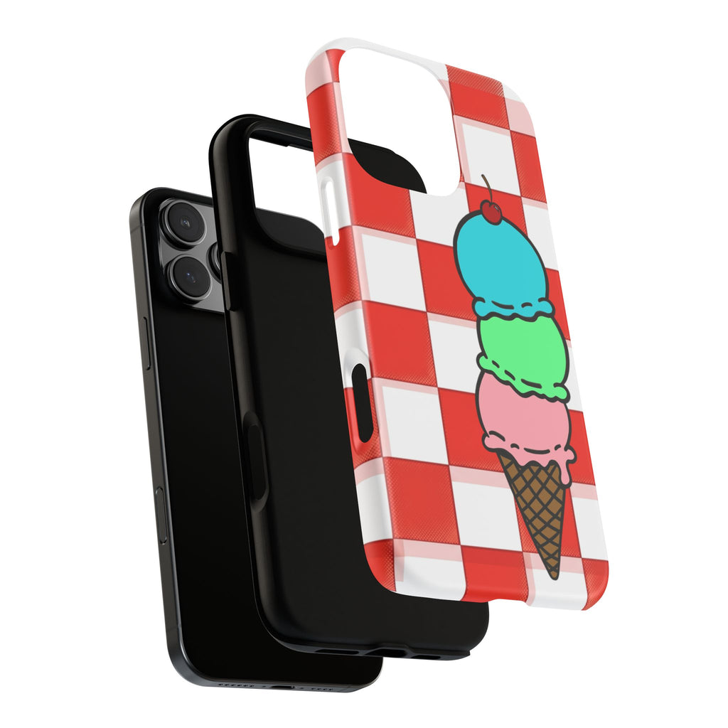 Ice Cream Cone iPhone Case — Red Picnic Tablecloth Pattern with Triple Scoop & Cherry