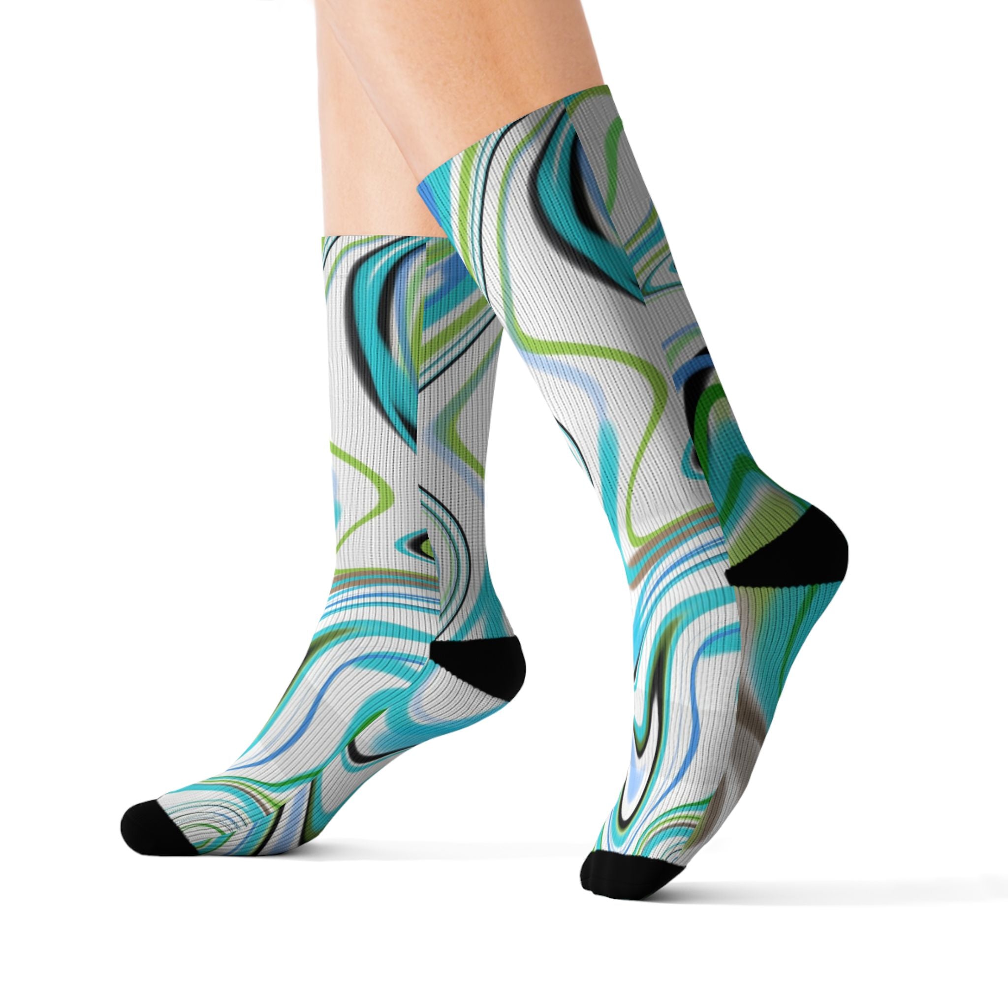 Aqua Marble Sublimation Socks — Swirl Pattern Crew Socks