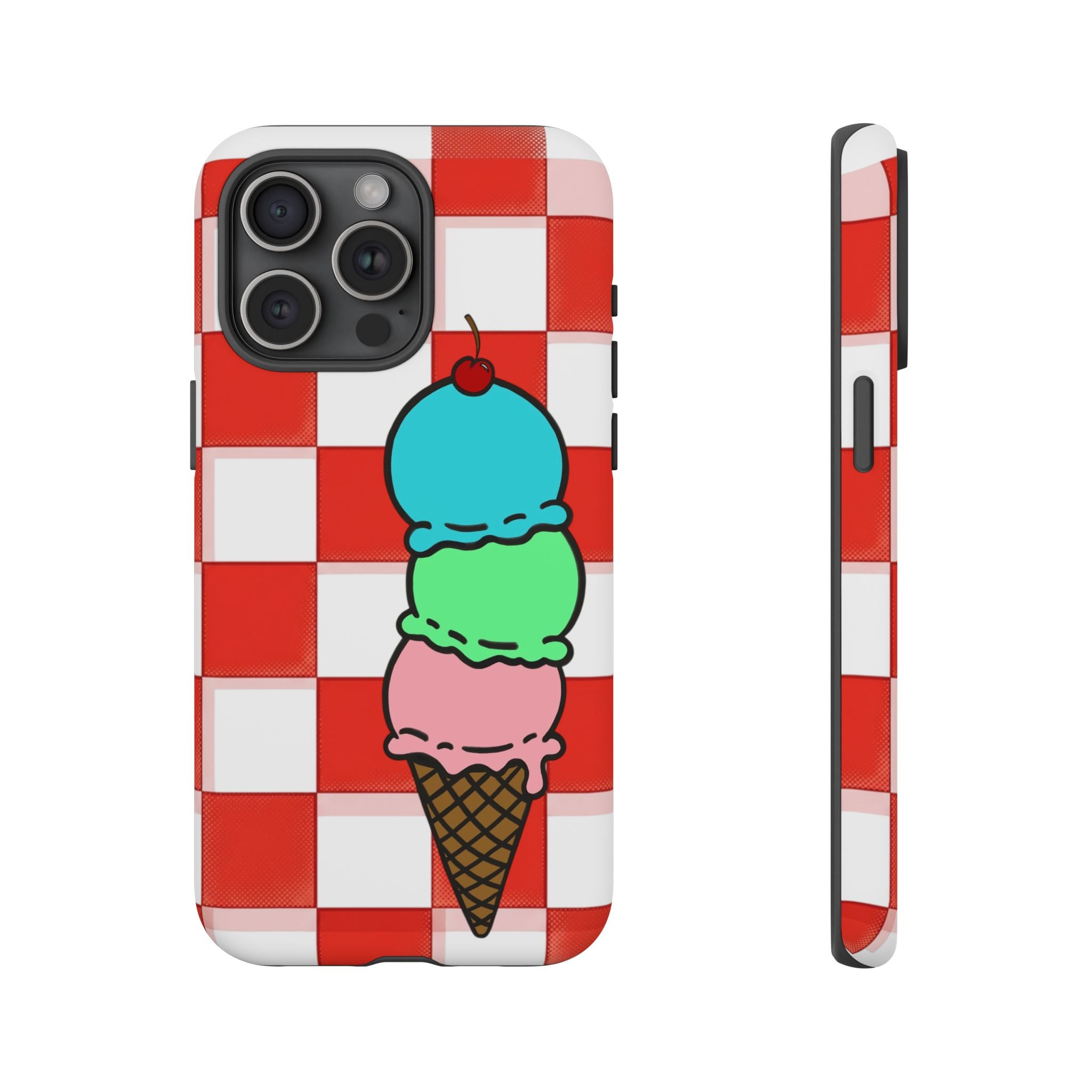 Ice Cream Cone iPhone Case — Red Picnic Tablecloth Pattern with Triple Scoop & Cherry
