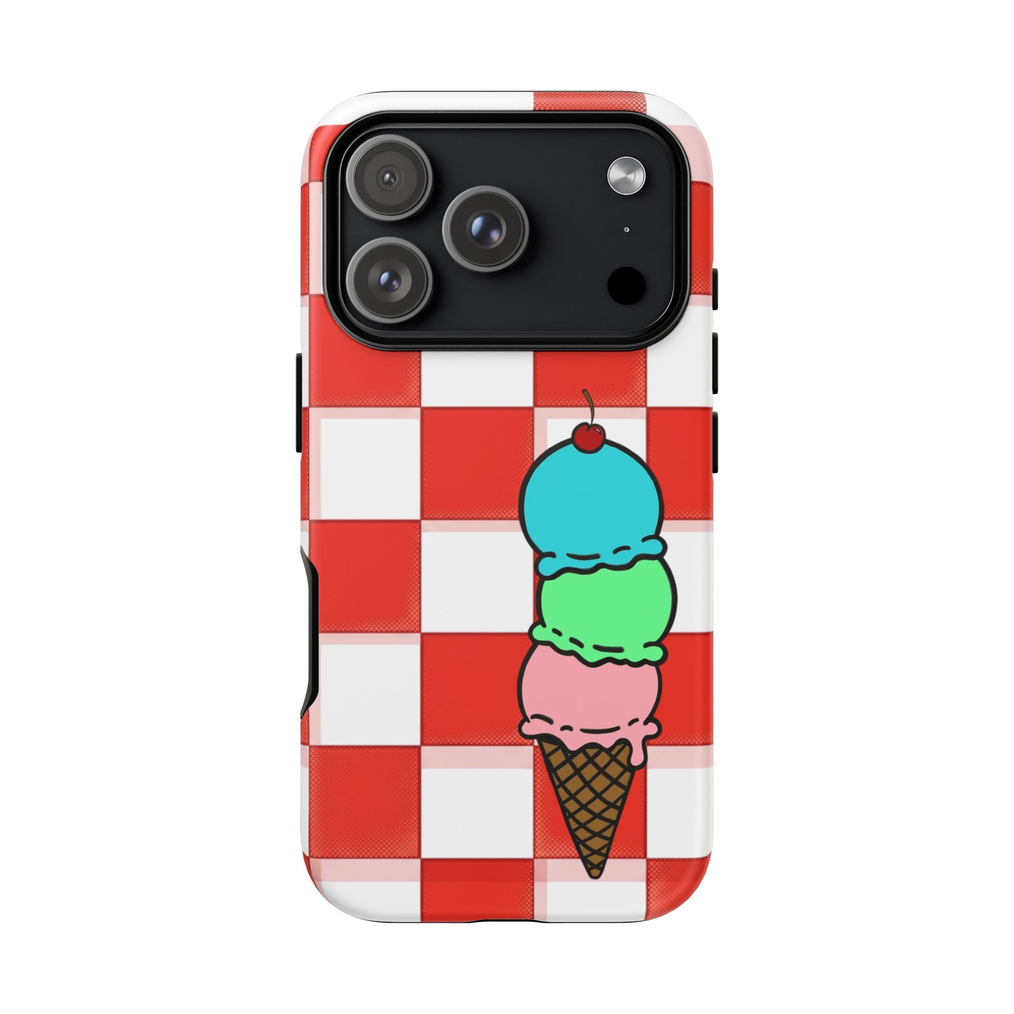 Ice Cream Cone iPhone Case — Red Picnic Tablecloth Pattern with Triple Scoop & Cherry