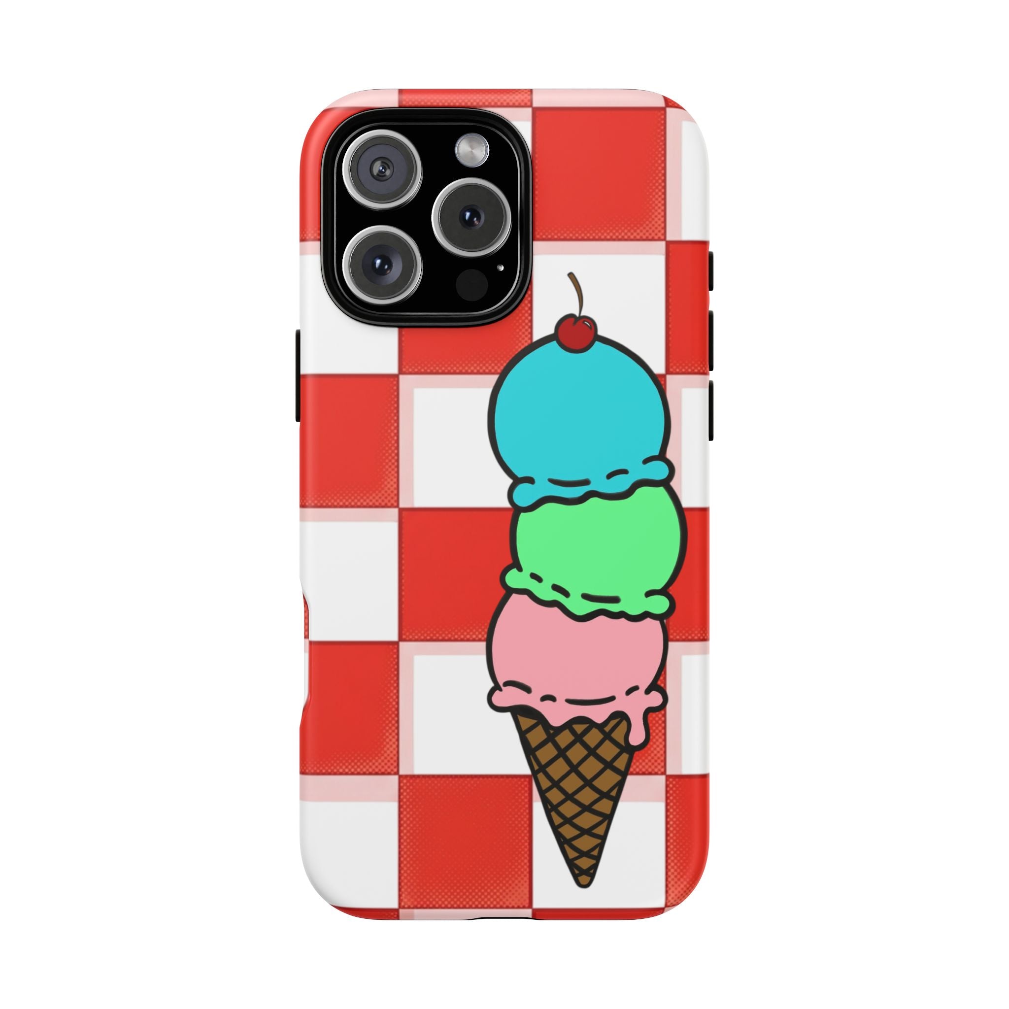 Ice Cream Cone iPhone Case — Red Picnic Tablecloth Pattern with Triple Scoop & Cherry