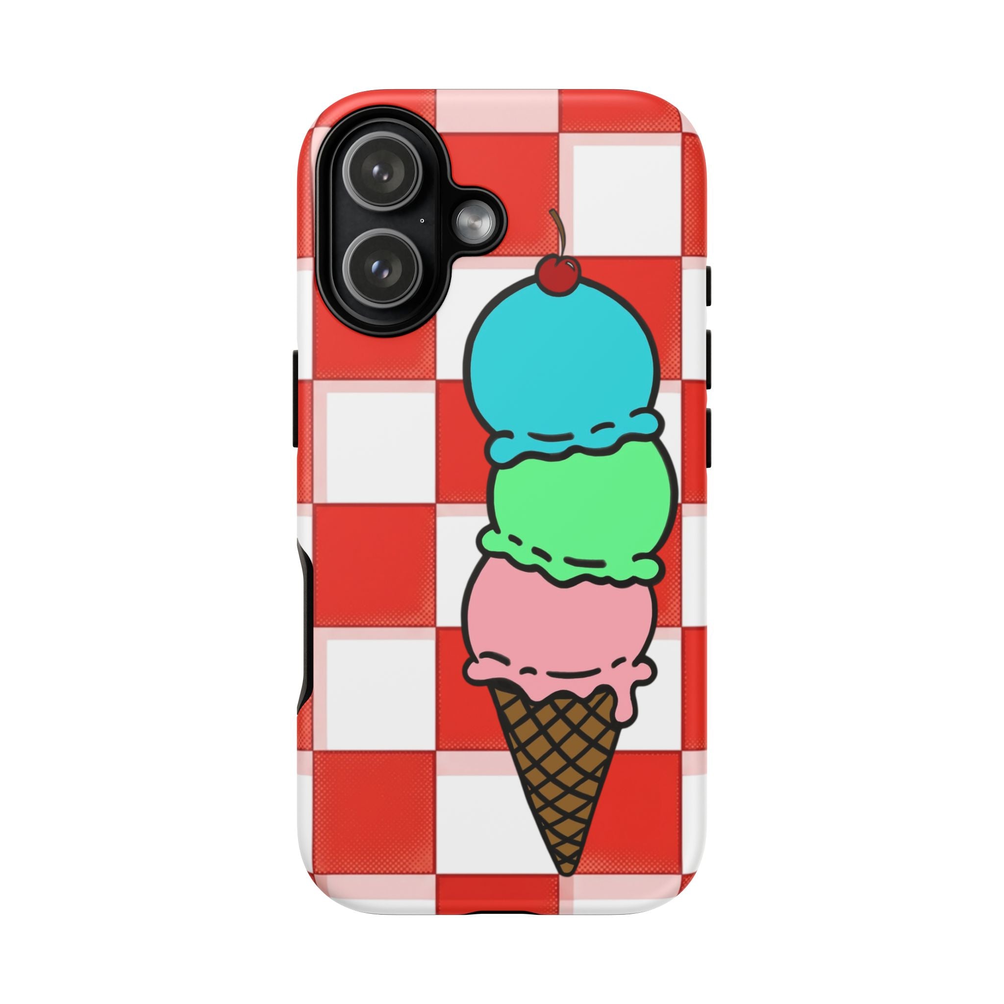 Ice Cream Cone iPhone Case — Red Picnic Tablecloth Pattern with Triple Scoop & Cherry