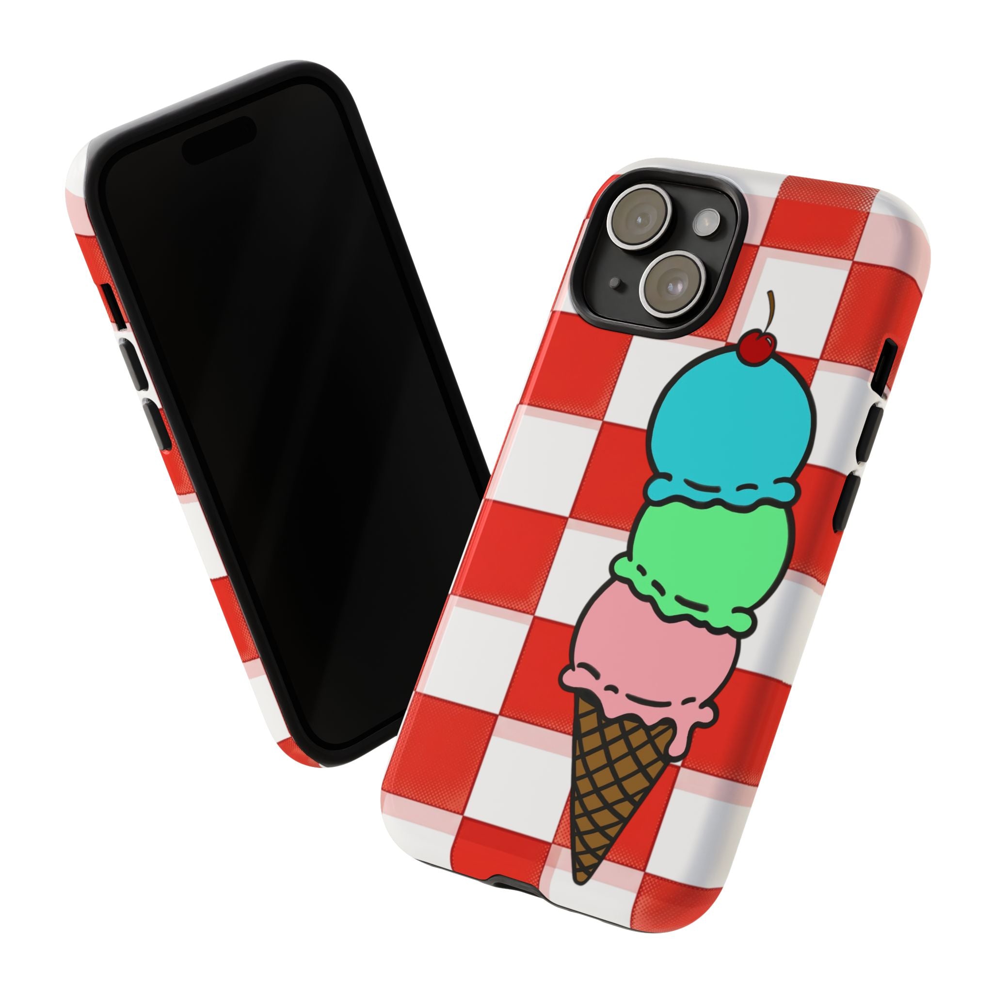 Ice Cream Cone iPhone Case — Red Picnic Tablecloth Pattern with Triple Scoop & Cherry