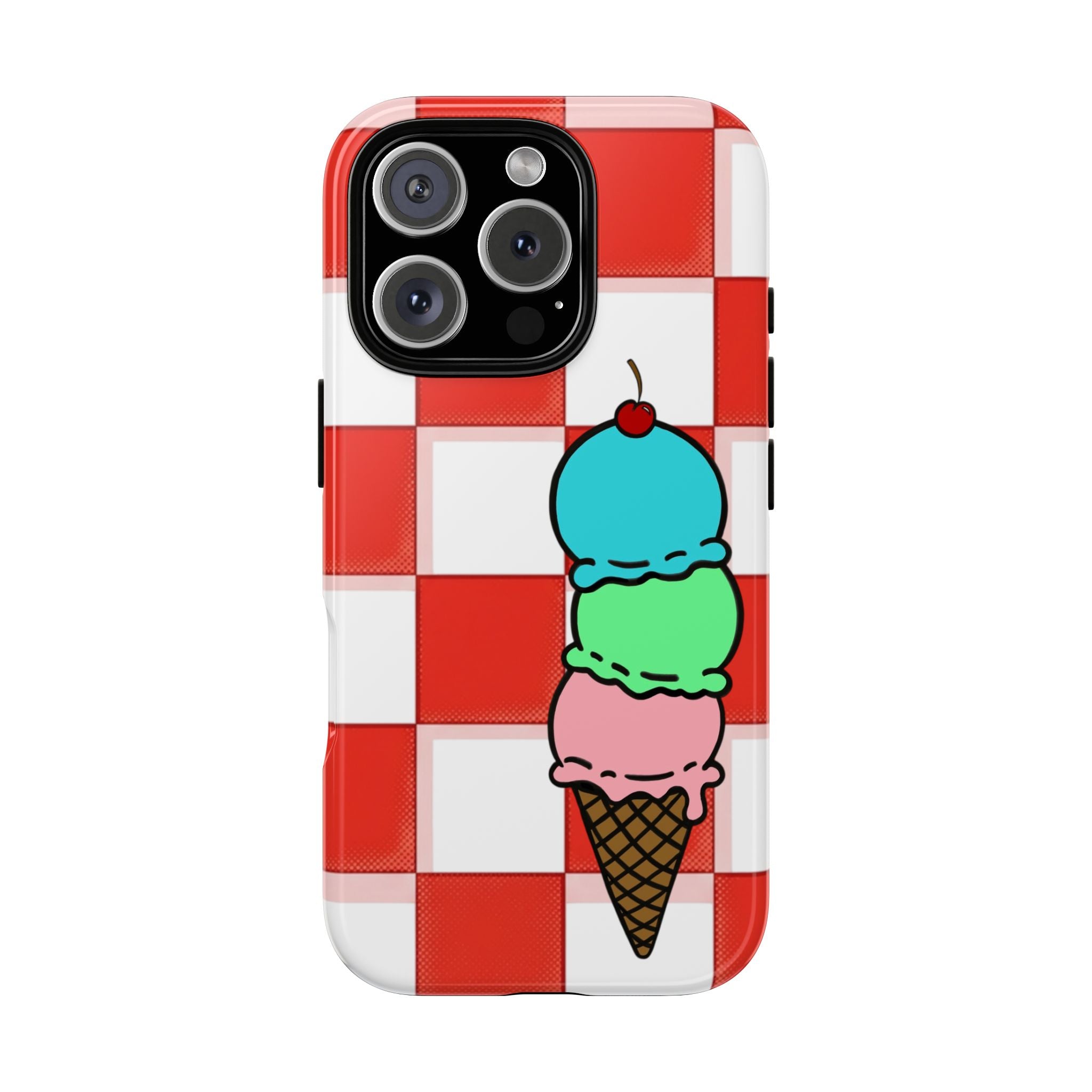 Ice Cream Cone iPhone Case — Red Picnic Tablecloth Pattern with Triple Scoop & Cherry