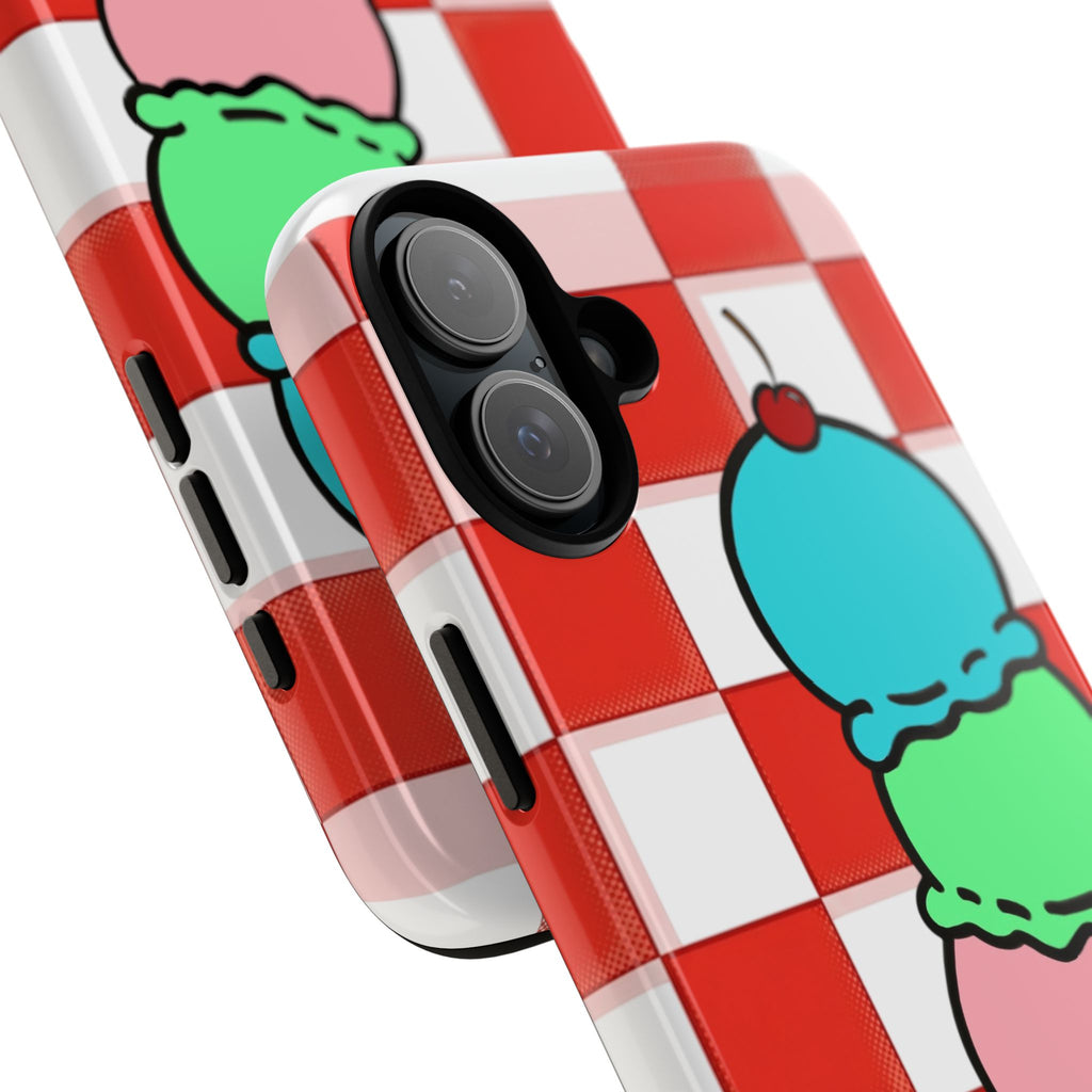 Ice Cream Cone iPhone Case — Red Picnic Tablecloth Pattern with Triple Scoop & Cherry