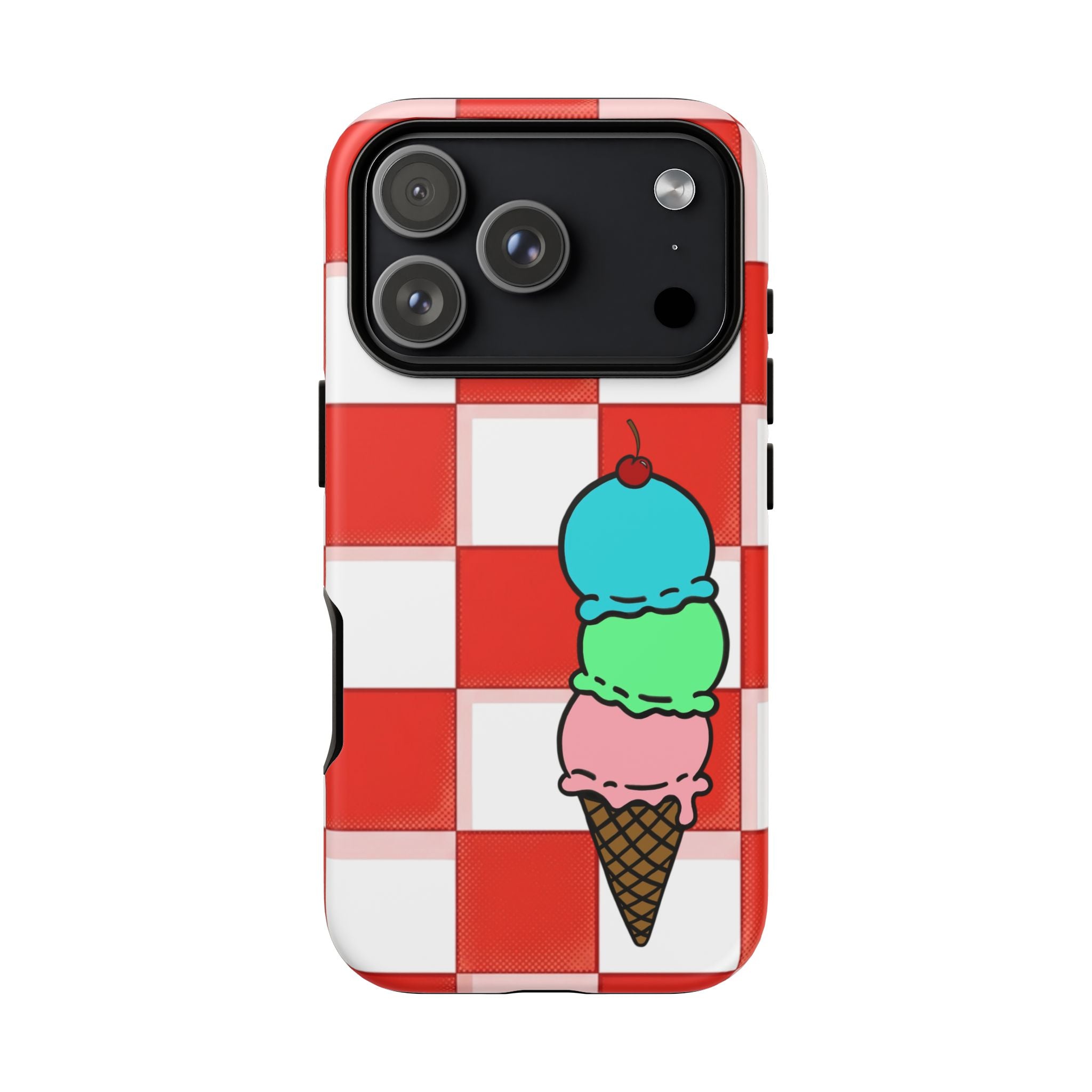 Ice Cream Cone iPhone Case — Red Picnic Tablecloth Pattern with Triple Scoop & Cherry