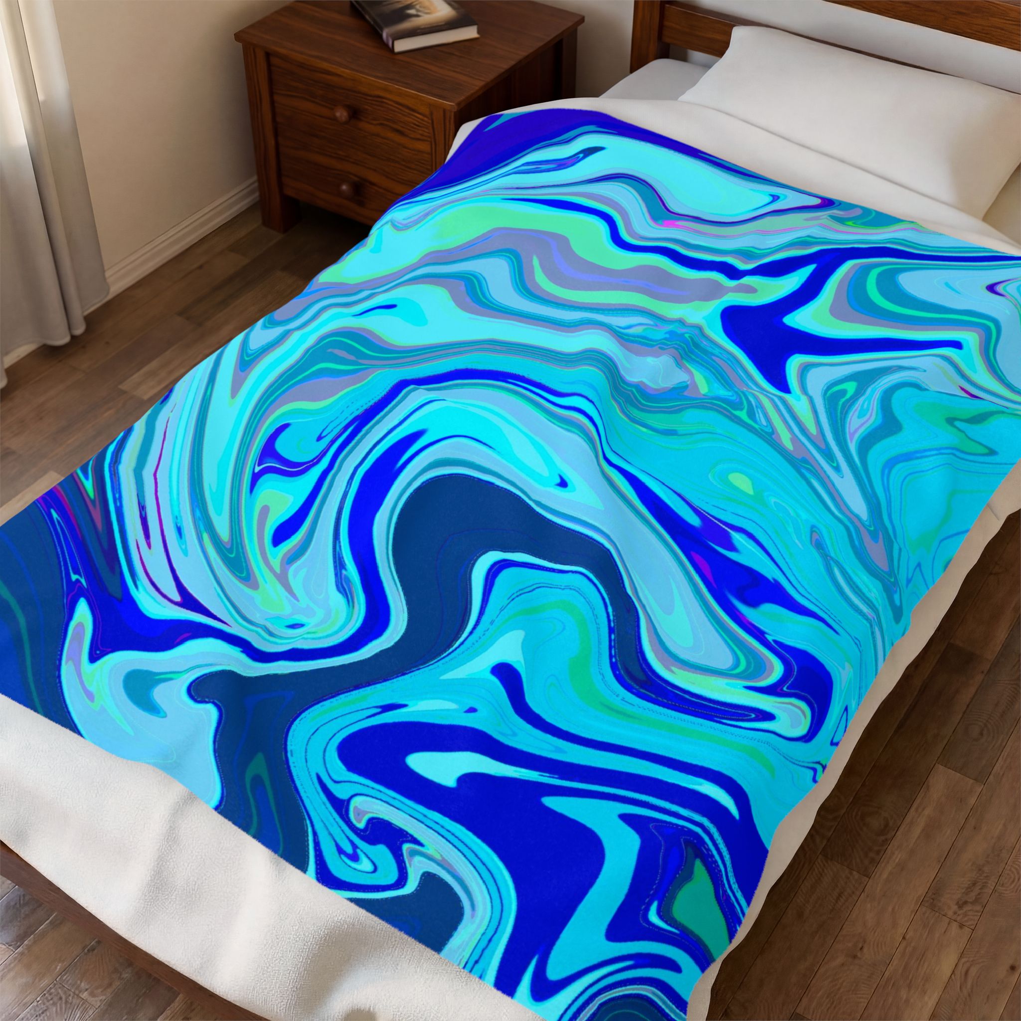 Blue Marble Swirl Velveteen Plush Blanket | Abstract Ocean Waves