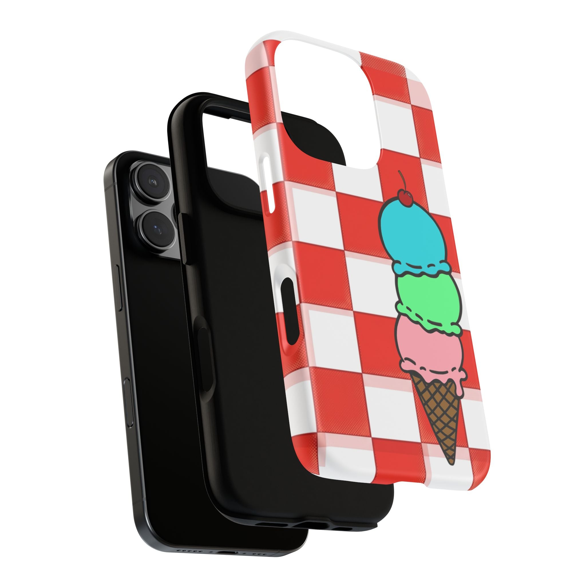 Ice Cream Cone iPhone Case — Red Picnic Tablecloth Pattern with Triple Scoop & Cherry