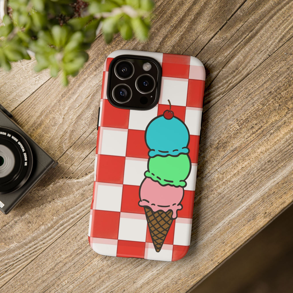Ice Cream Cone iPhone Case — Red Picnic Tablecloth Pattern with Triple Scoop & Cherry