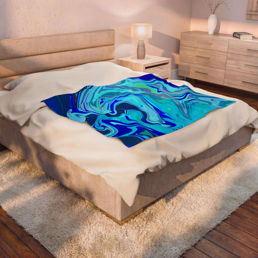 Blue Marble Swirl Velveteen Plush Blanket | Abstract Ocean Waves