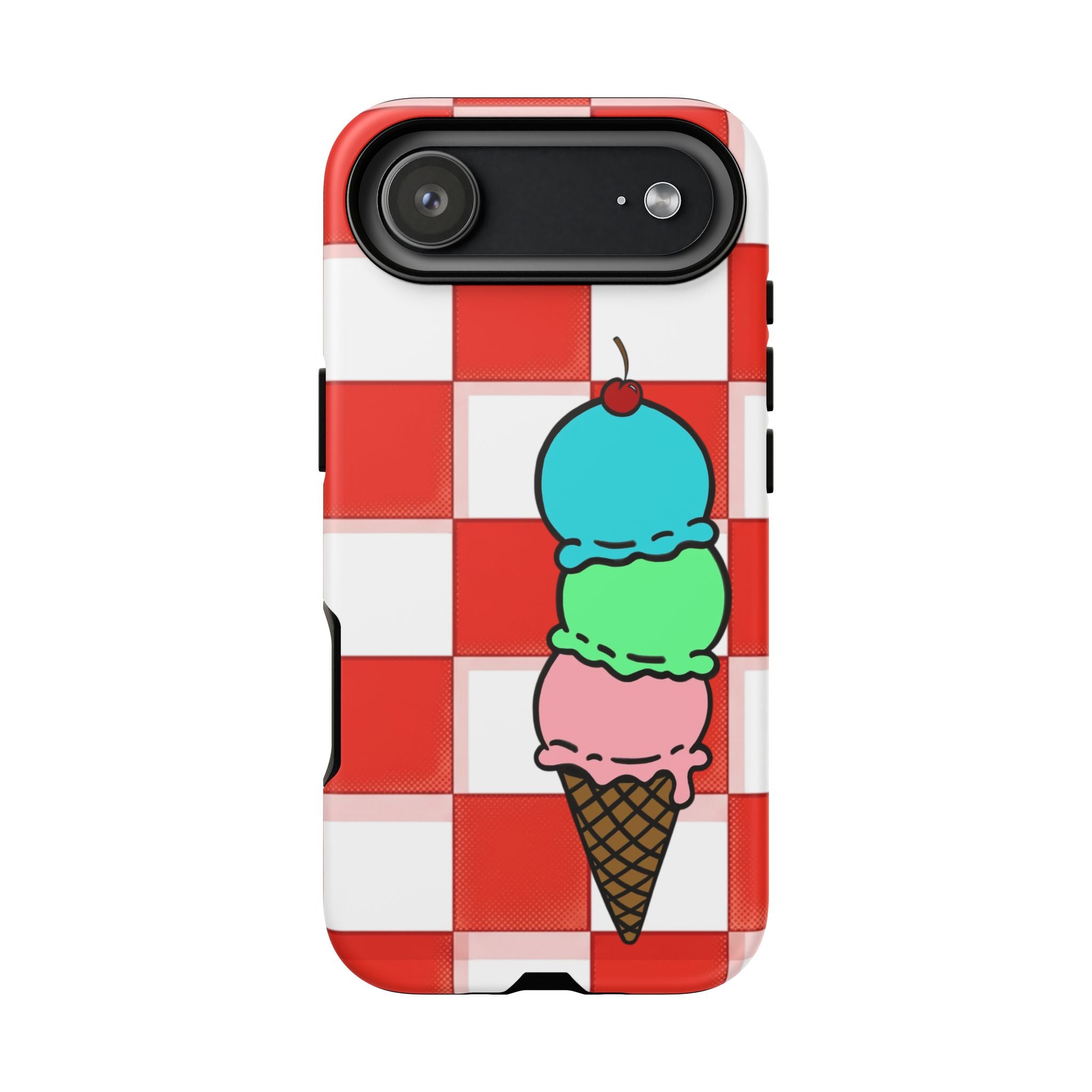 Ice Cream Cone iPhone Case — Red Picnic Tablecloth Pattern with Triple Scoop & Cherry