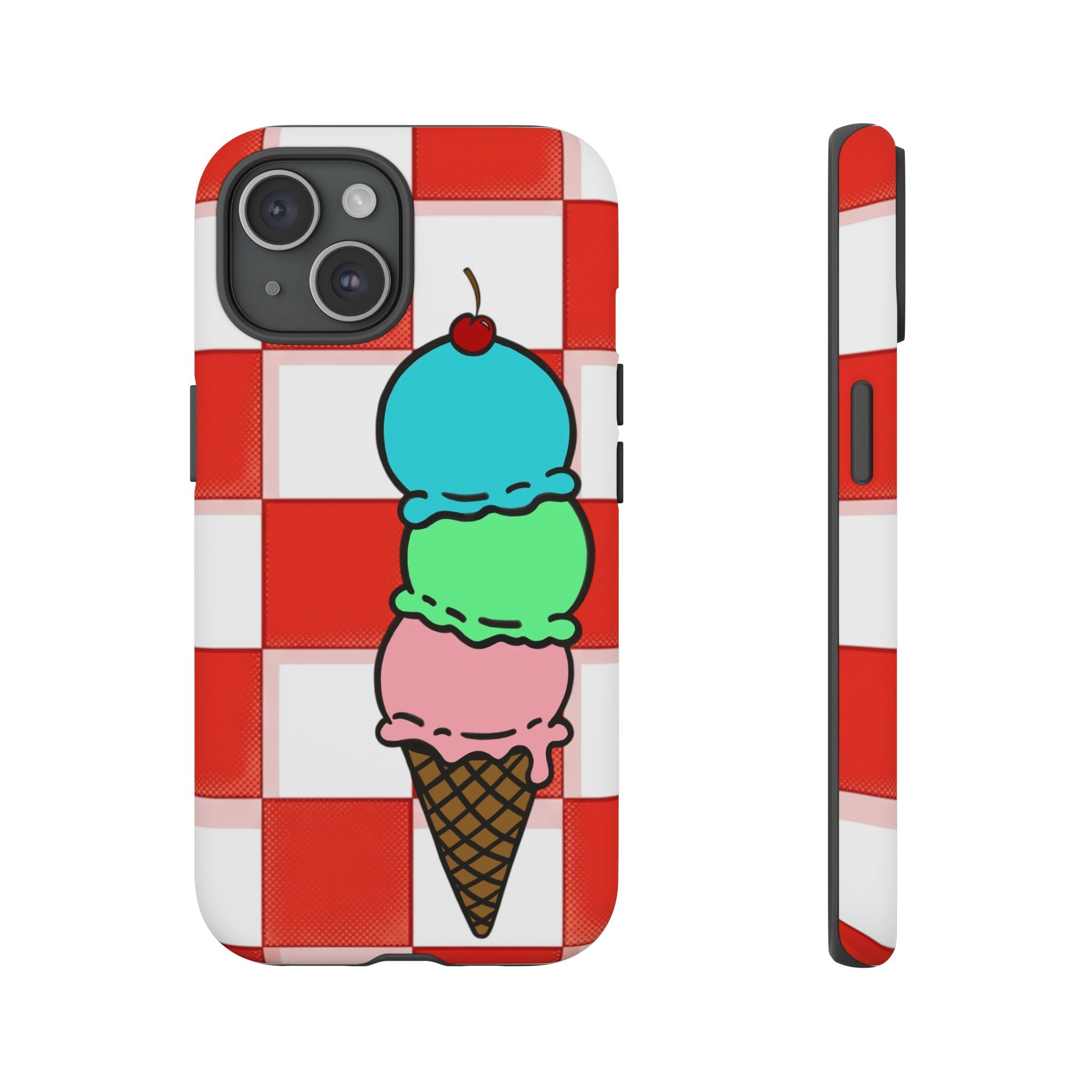 Ice Cream Cone iPhone Case — Red Picnic Tablecloth Pattern with Triple Scoop & Cherry