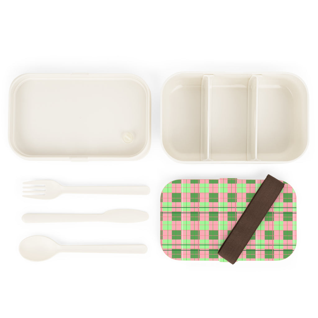 Plaid Pink & Green Bento Lunch Box — Retro Picnic Patterned Lunchbox