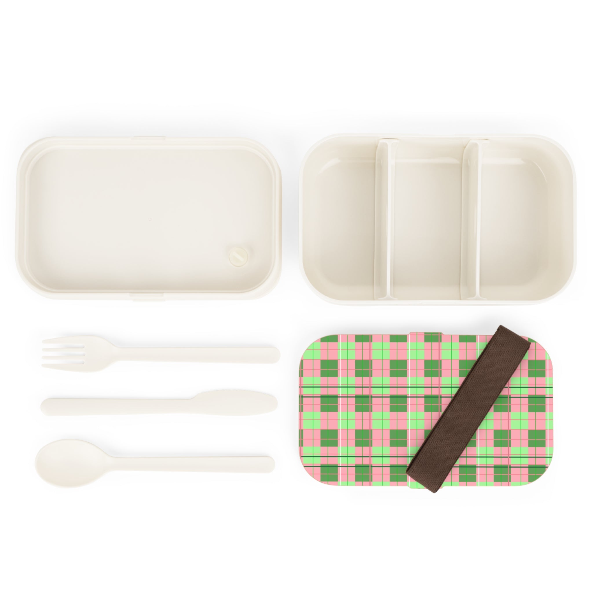 Plaid Pink & Green Bento Lunch Box — Retro Picnic Patterned Lunchbox