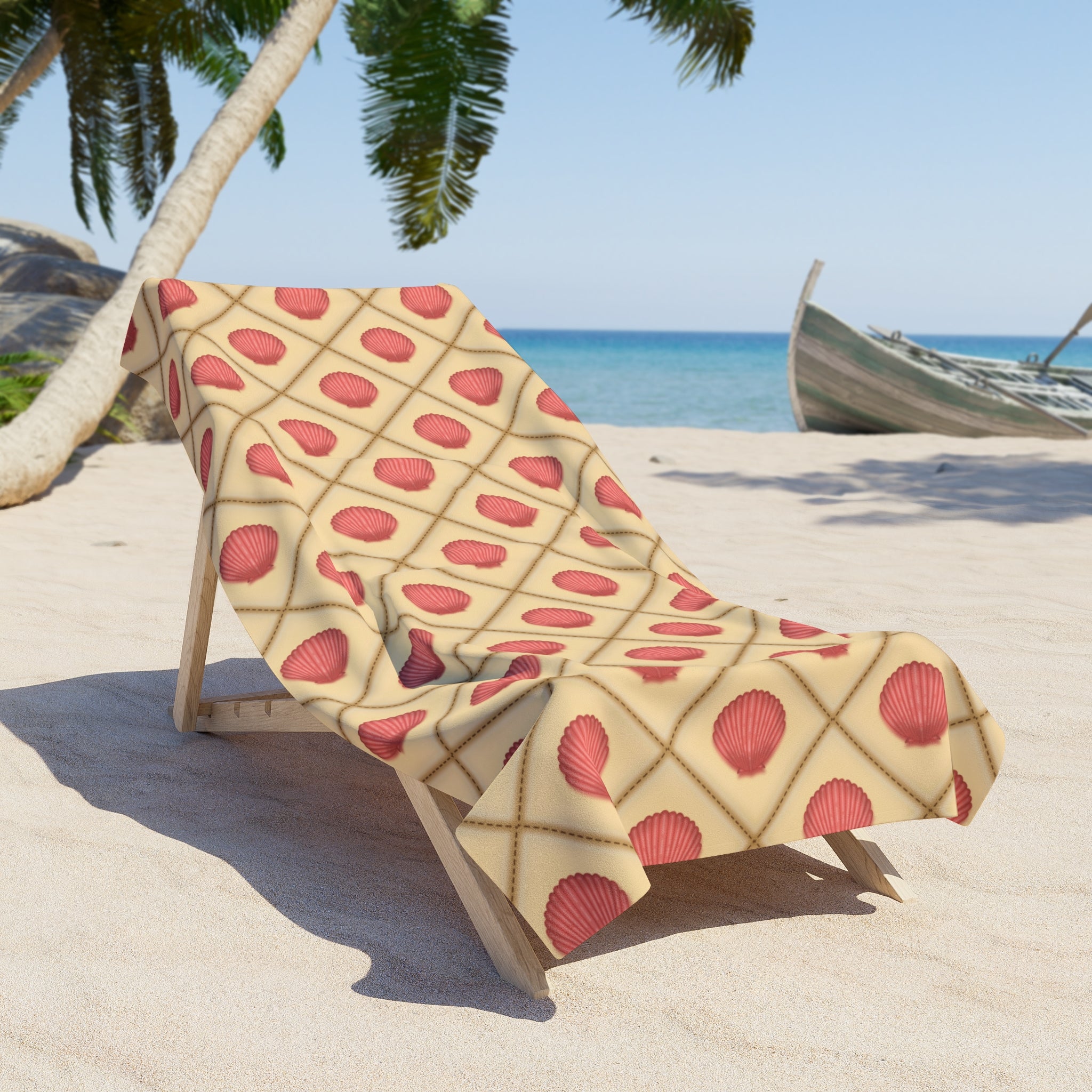 Pink Seashell Pattern Beach Towel — Vintage Geometric Summer Towel