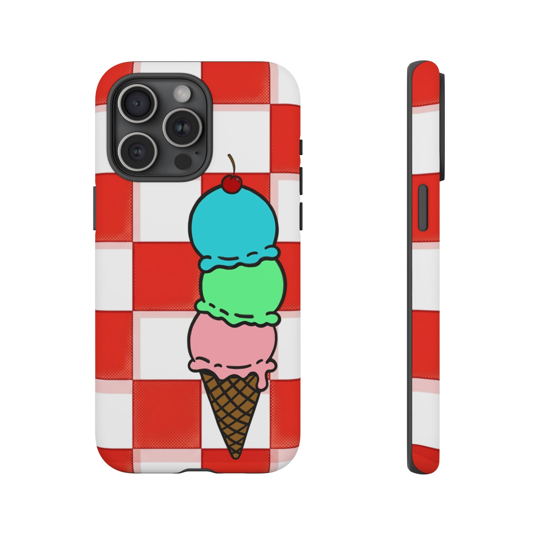 Ice Cream Cone iPhone Case — Red Picnic Tablecloth Pattern with Triple Scoop & Cherry