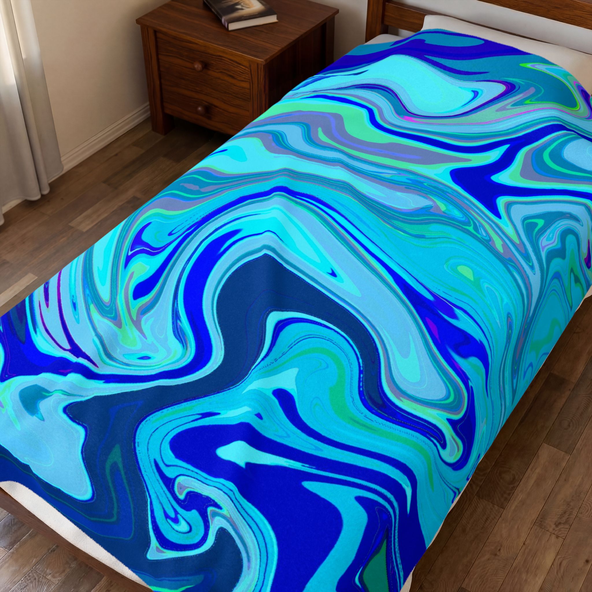 Blue Marble Swirl Velveteen Plush Blanket | Abstract Ocean Waves