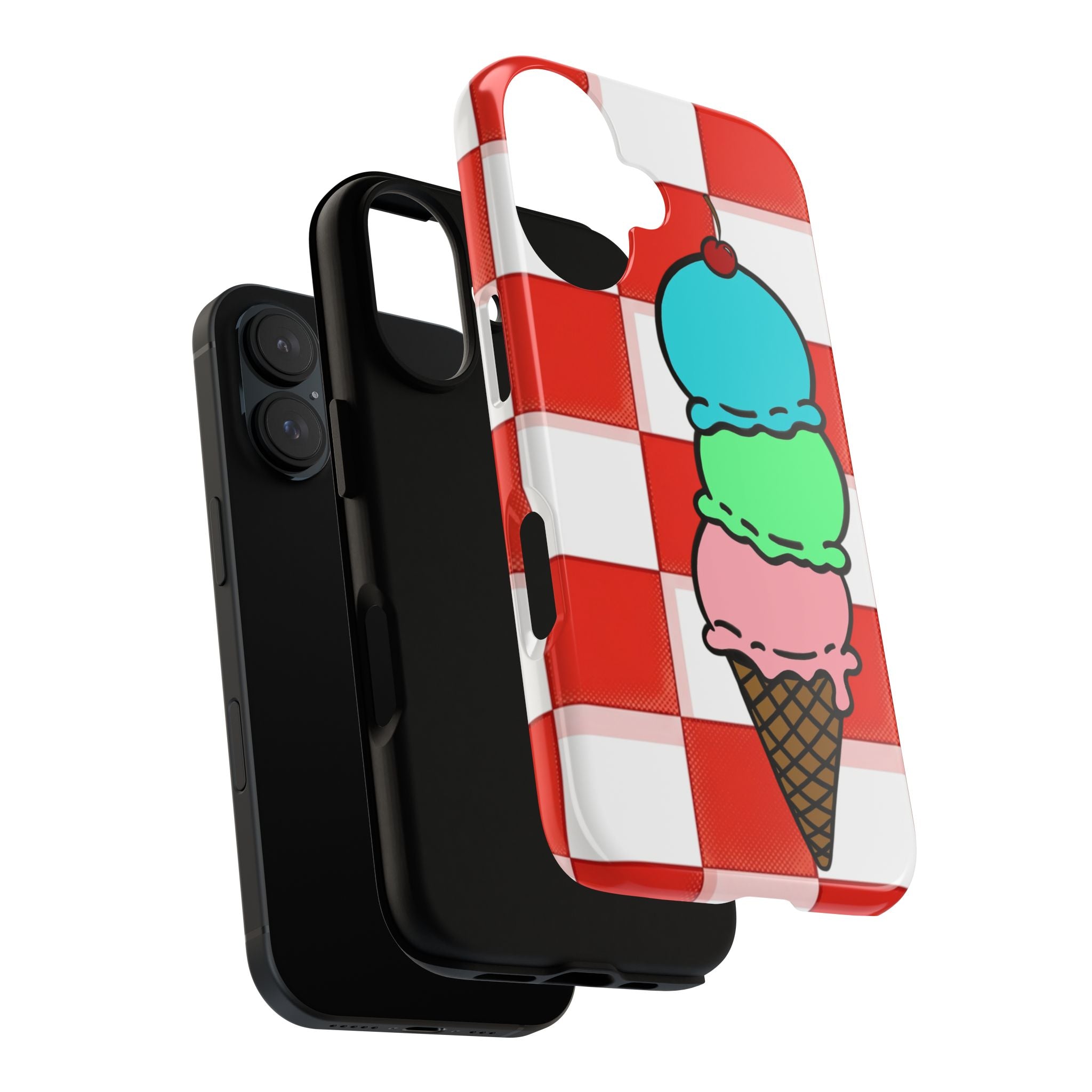 Ice Cream Cone iPhone Case — Red Picnic Tablecloth Pattern with Triple Scoop & Cherry