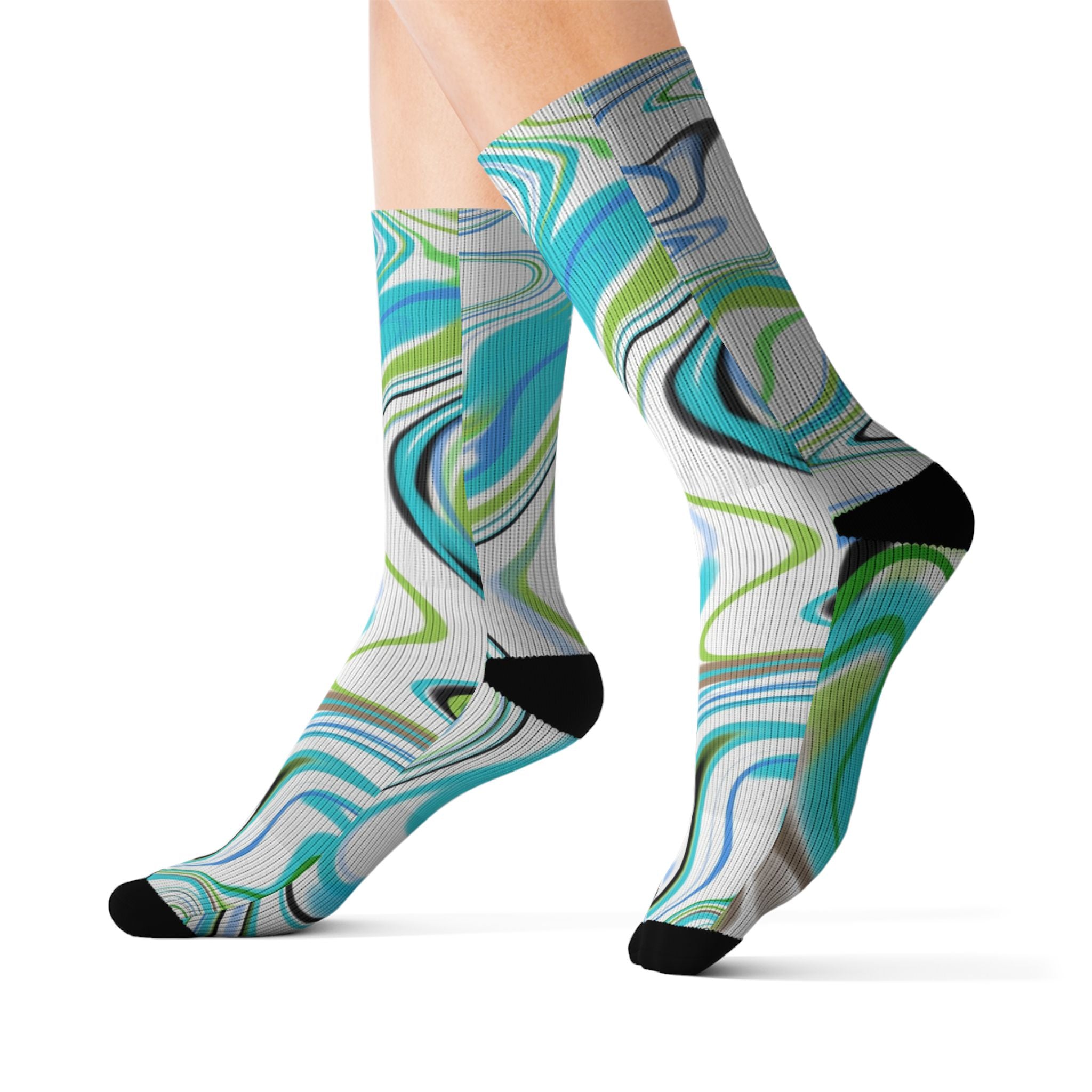 Aqua Marble Sublimation Socks — Swirl Pattern Crew Socks