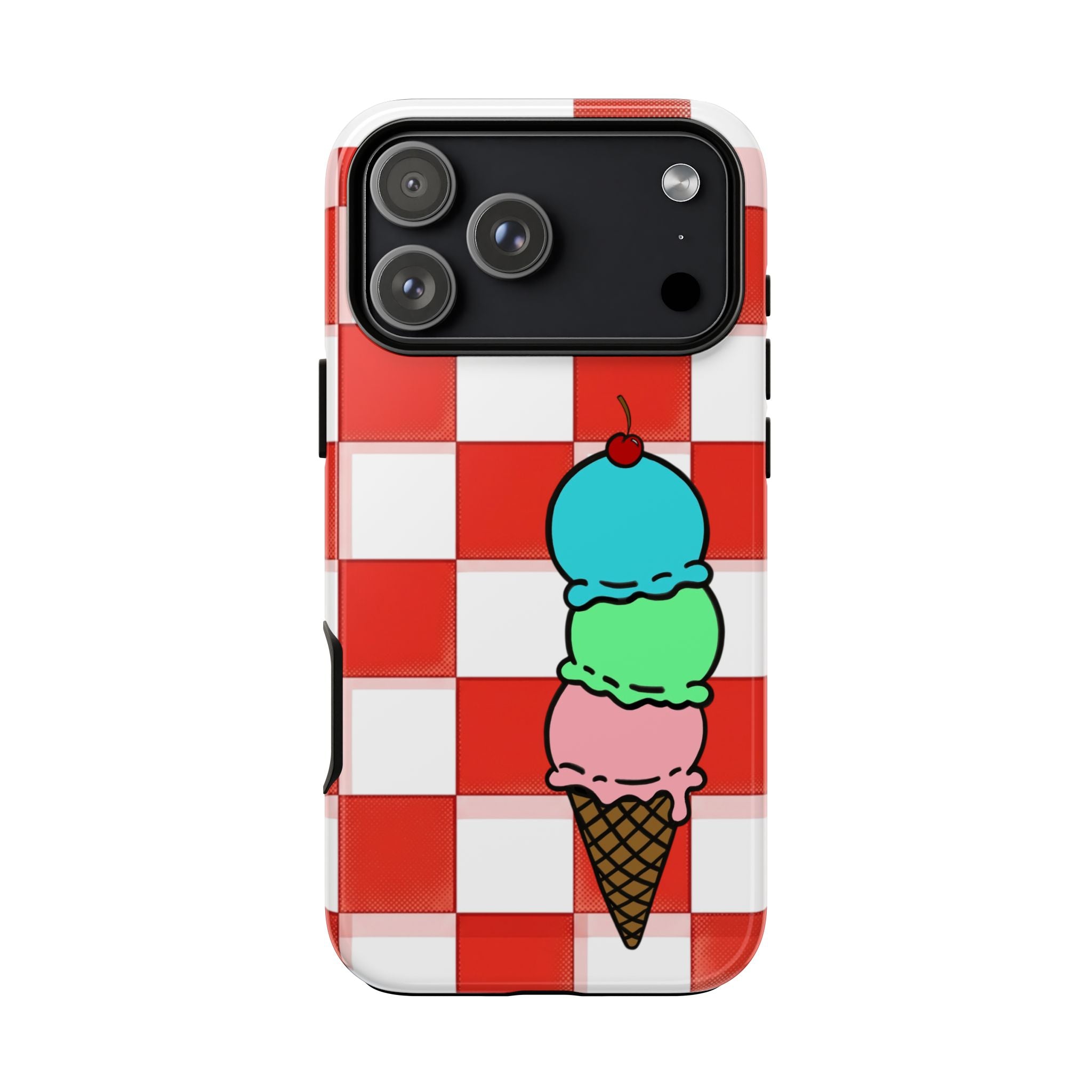 Ice Cream Cone iPhone Case — Red Picnic Tablecloth Pattern with Triple Scoop & Cherry