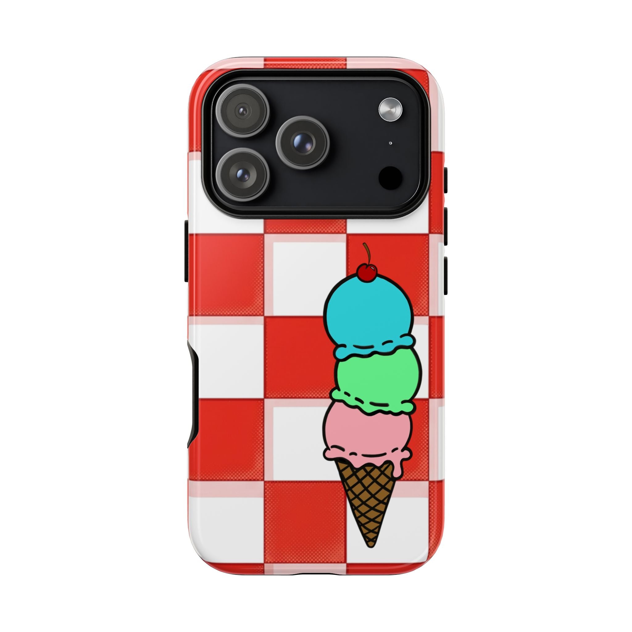 Ice Cream Cone iPhone Case — Red Picnic Tablecloth Pattern with Triple Scoop & Cherry