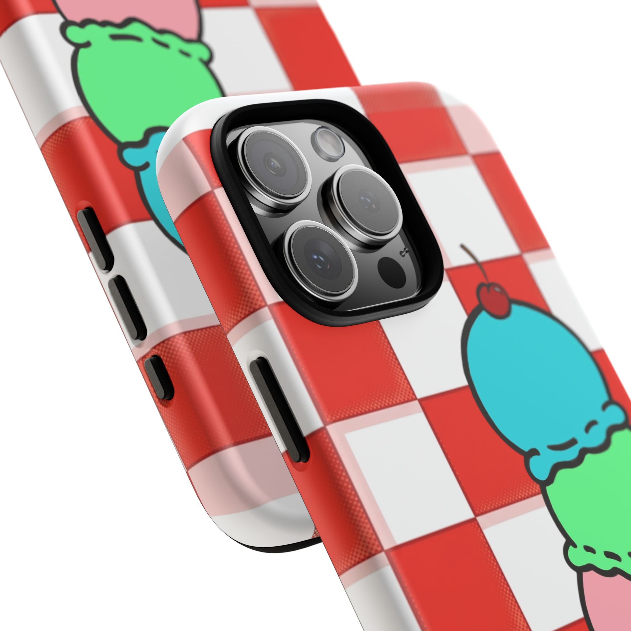 Ice Cream Cone iPhone Case — Red Picnic Tablecloth Pattern with Triple Scoop & Cherry
