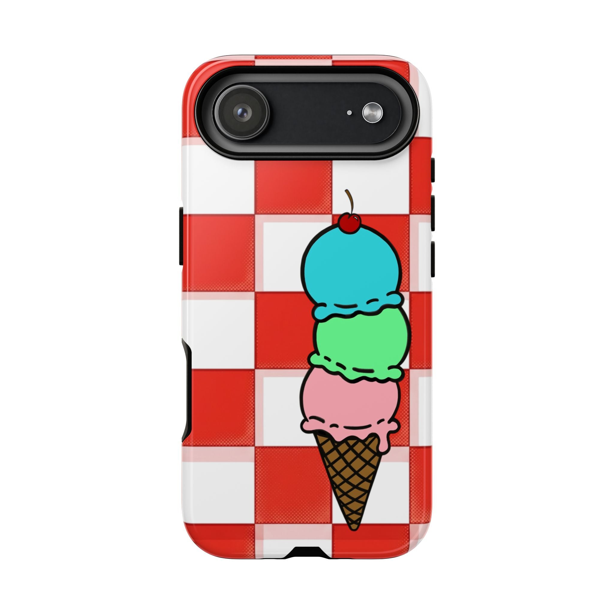 Ice Cream Cone iPhone Case — Red Picnic Tablecloth Pattern with Triple Scoop & Cherry