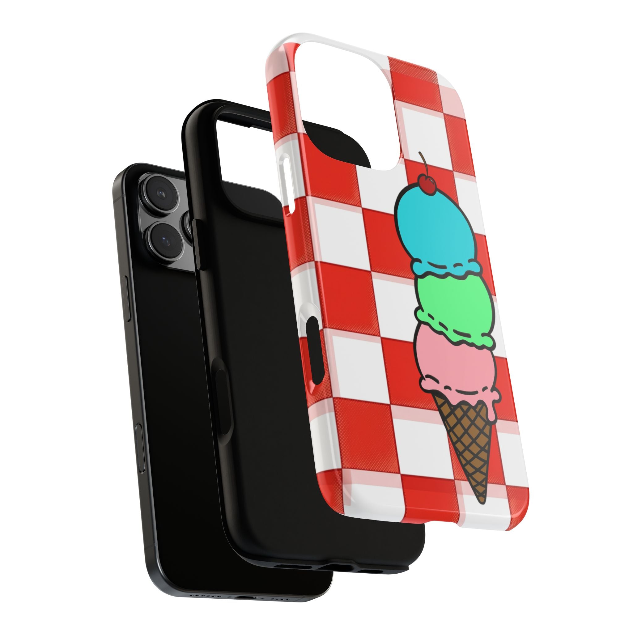 Ice Cream Cone iPhone Case — Red Picnic Tablecloth Pattern with Triple Scoop & Cherry