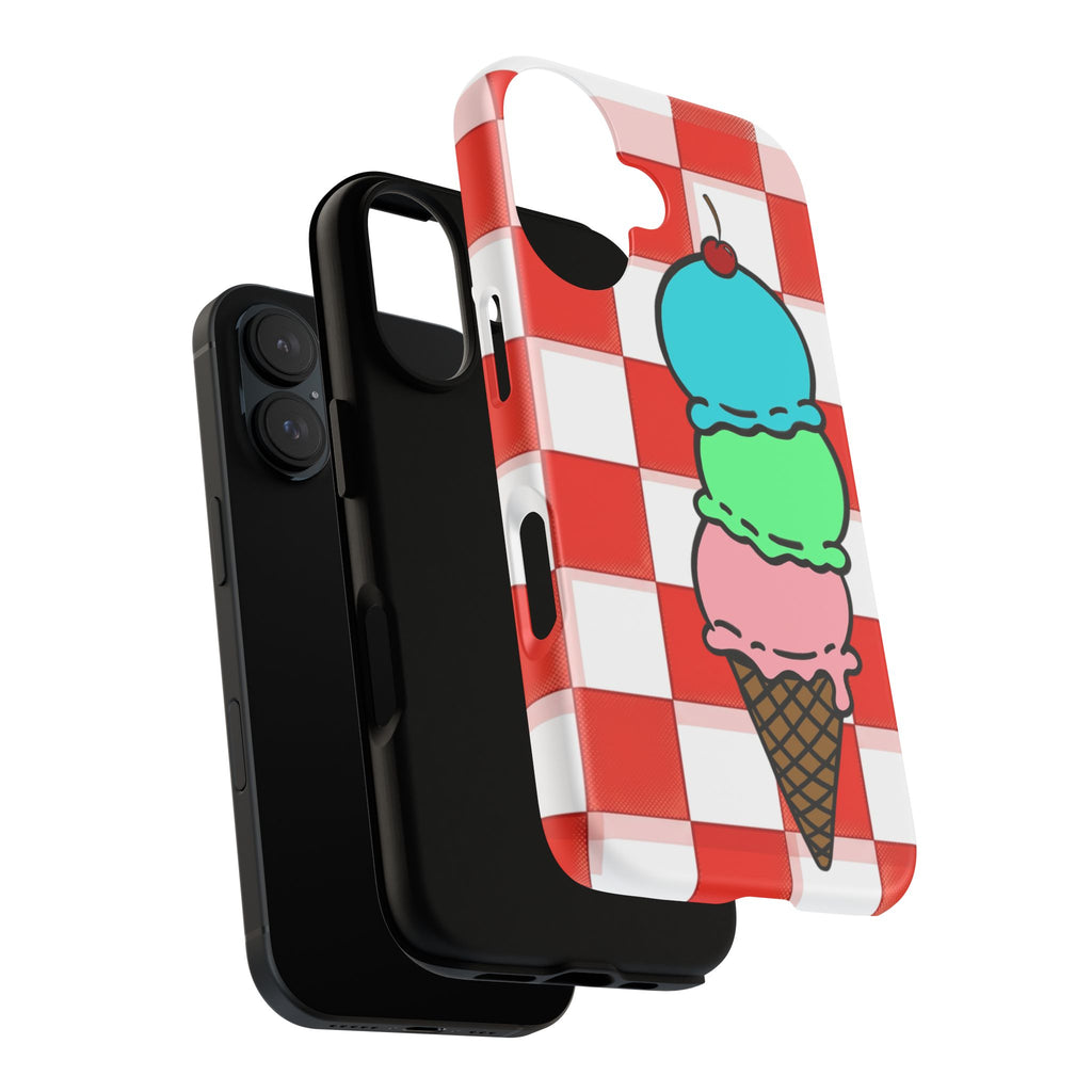 Ice Cream Cone iPhone Case — Red Picnic Tablecloth Pattern with Triple Scoop & Cherry