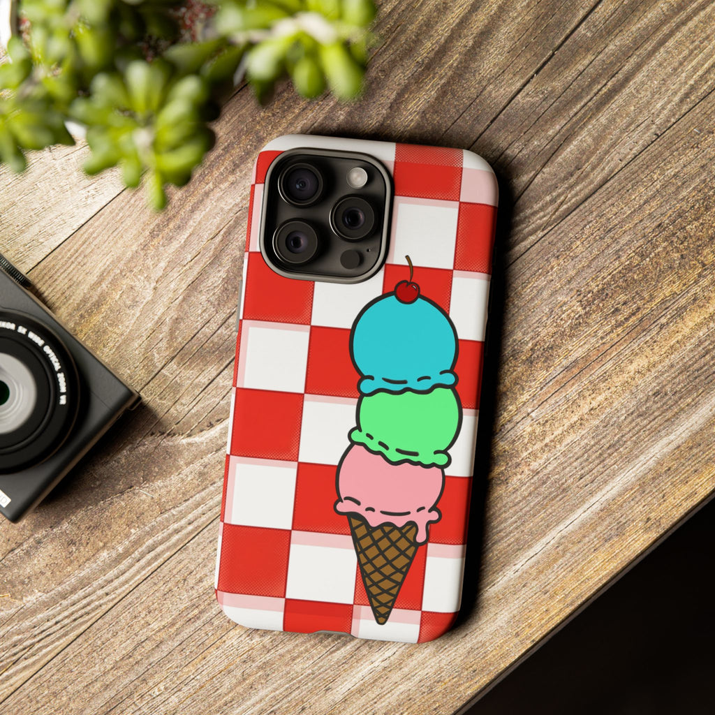 Ice Cream Cone iPhone Case — Red Picnic Tablecloth Pattern with Triple Scoop & Cherry