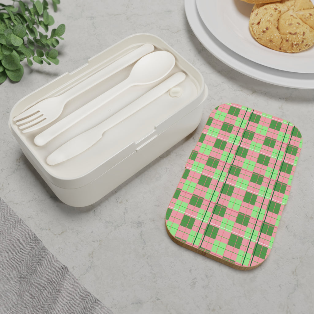Plaid Pink & Green Bento Lunch Box — Retro Picnic Patterned Lunchbox