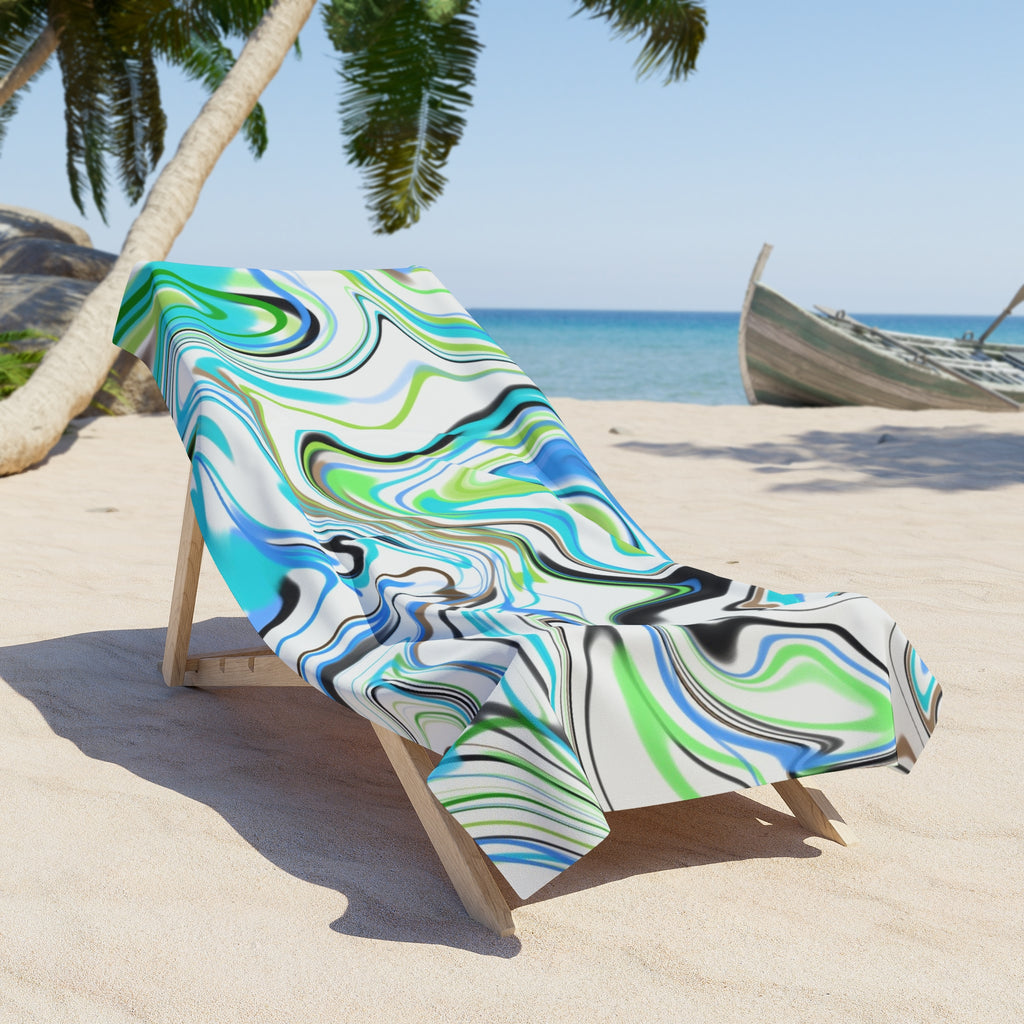 Marbled Aqua Swirl Beach Towel — Vibrant Blue & Green Abstract Print