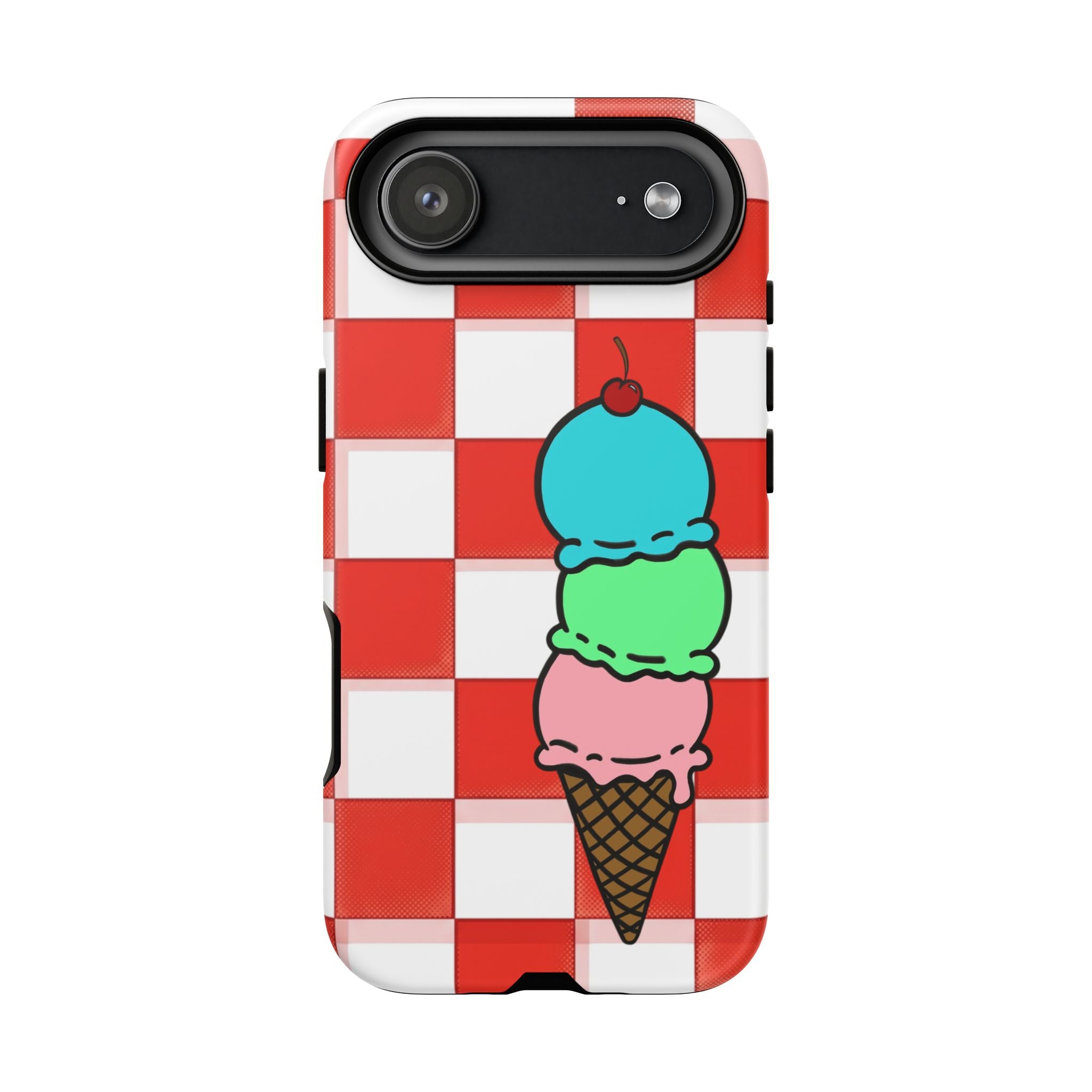 Ice Cream Cone iPhone Case — Red Picnic Tablecloth Pattern with Triple Scoop & Cherry
