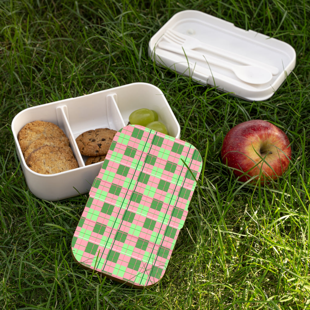 Plaid Pink & Green Bento Lunch Box — Retro Picnic Patterned Lunchbox