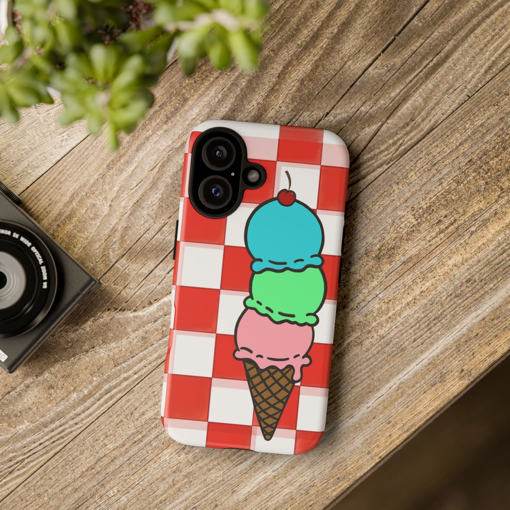 Ice Cream Cone iPhone Case — Red Picnic Tablecloth Pattern with Triple Scoop & Cherry