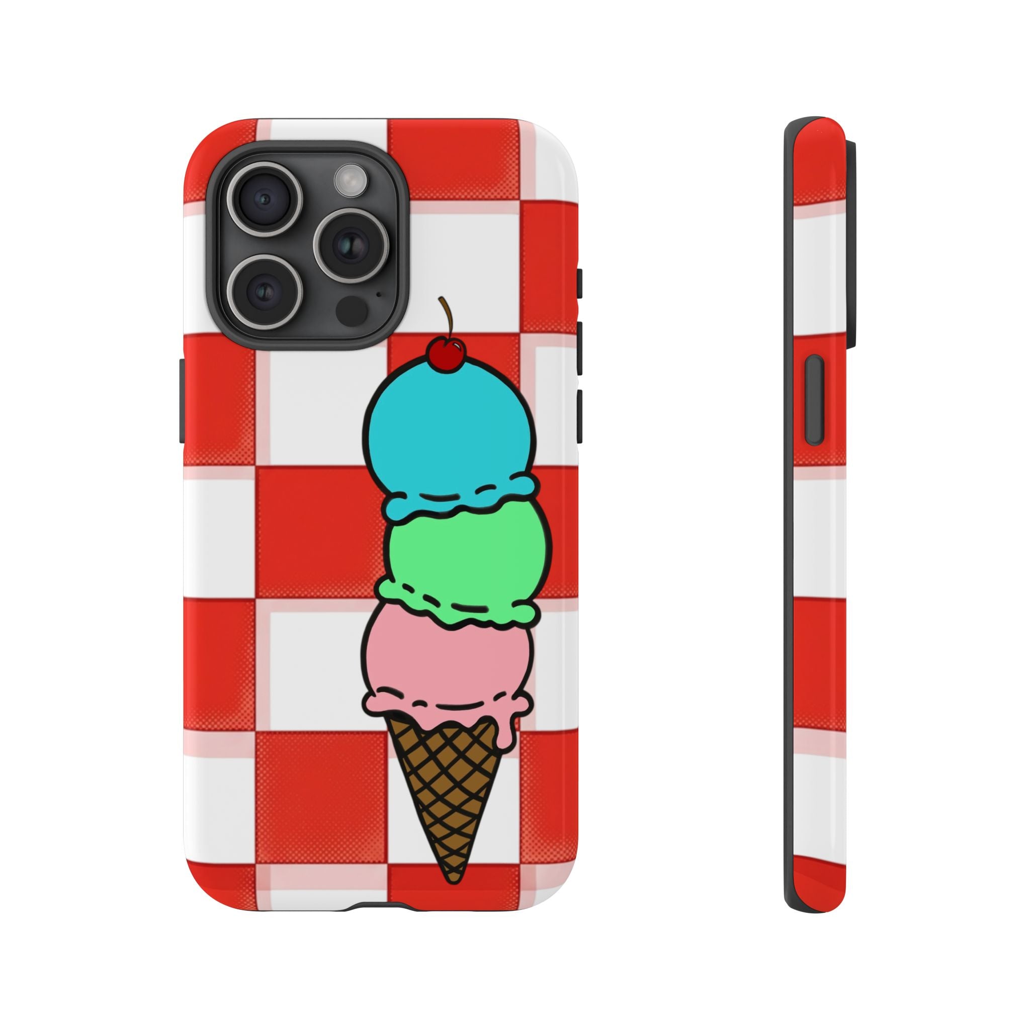 Ice Cream Cone iPhone Case — Red Picnic Tablecloth Pattern with Triple Scoop & Cherry