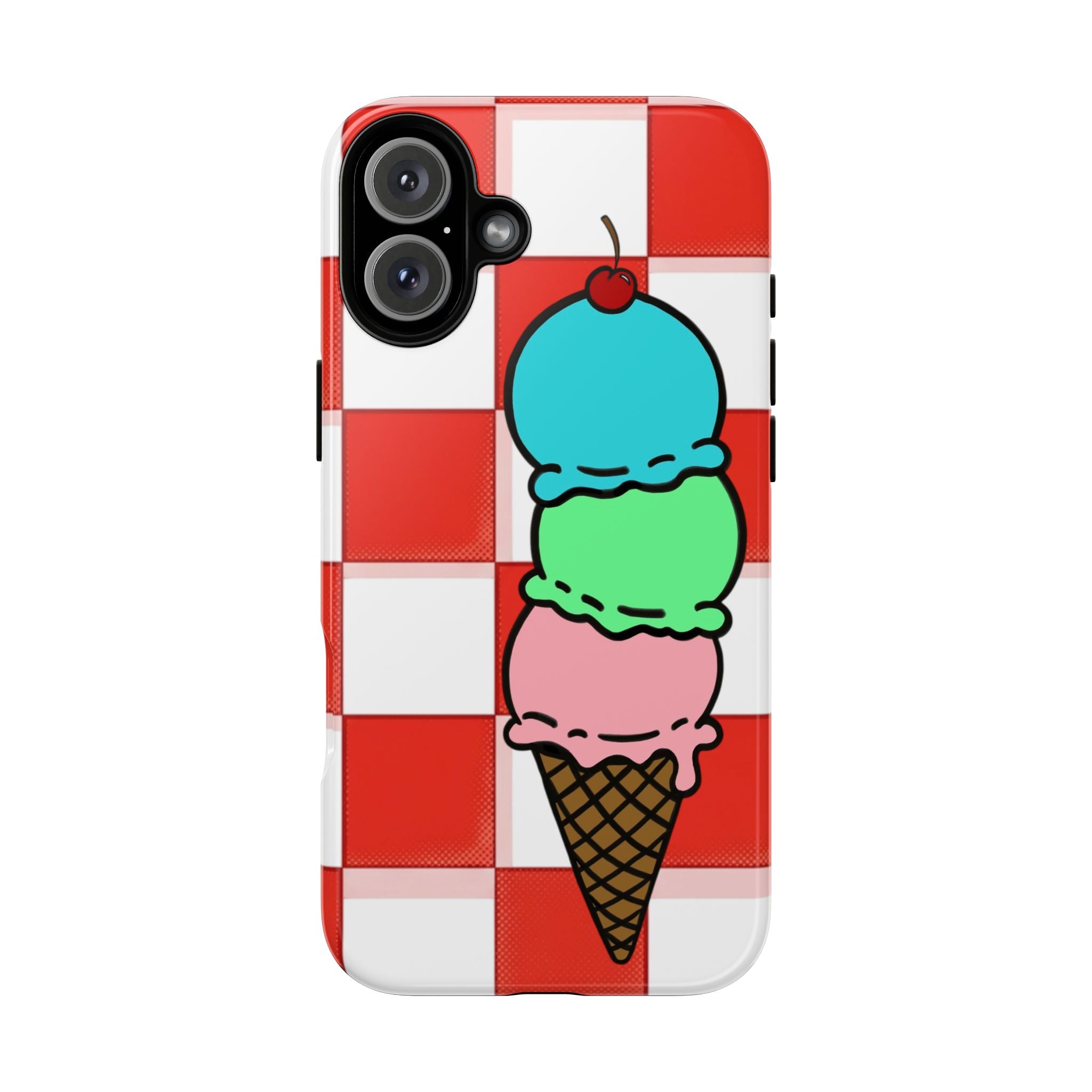 Ice Cream Cone iPhone Case — Red Picnic Tablecloth Pattern with Triple Scoop & Cherry