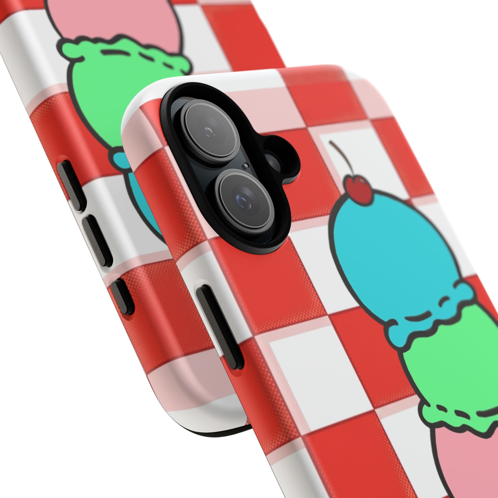 Ice Cream Cone iPhone Case — Red Picnic Tablecloth Pattern with Triple Scoop & Cherry