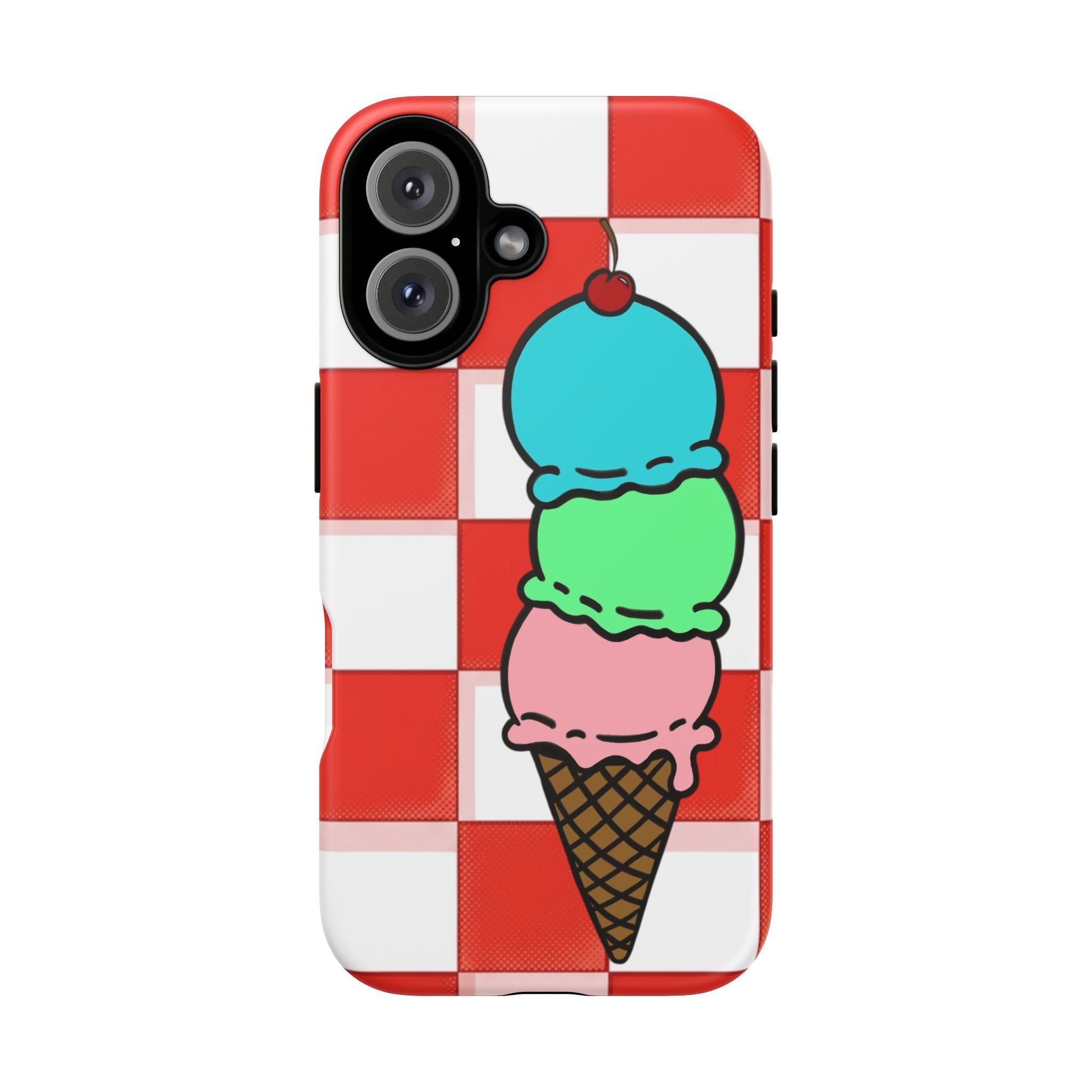 Ice Cream Cone iPhone Case — Red Picnic Tablecloth Pattern with Triple Scoop & Cherry